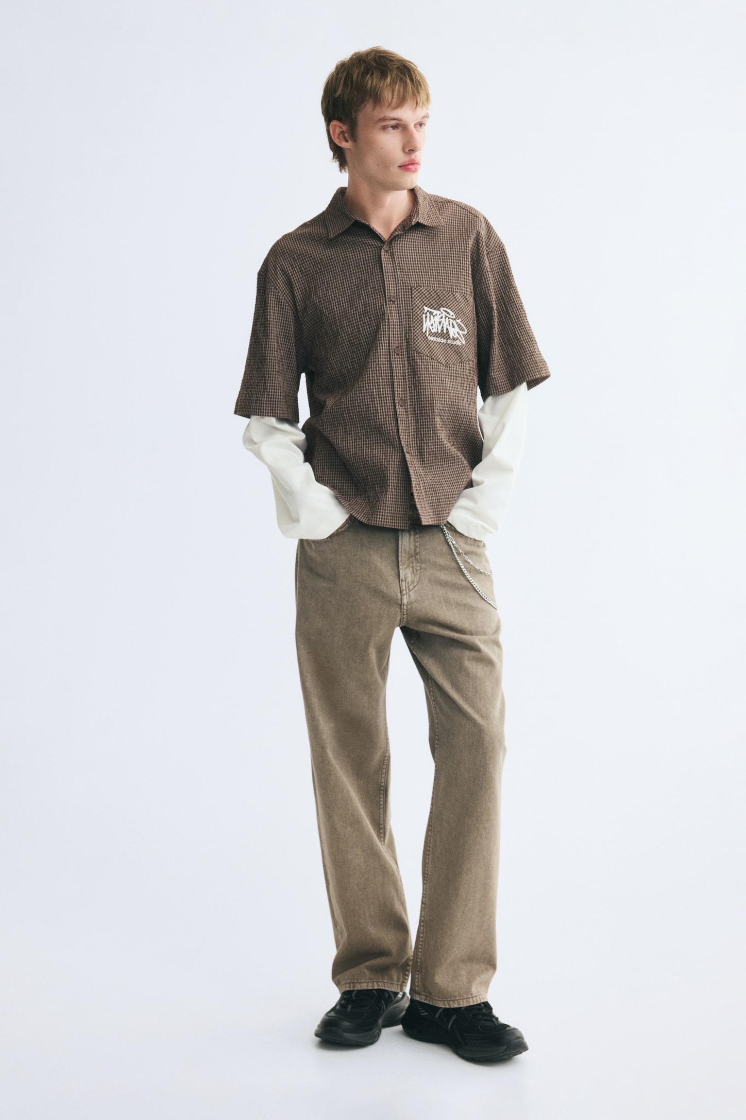 Мужская рубашка H&M Relaxed-Fit Layered, цвет: Коричневый / Клетчатый — фото 4