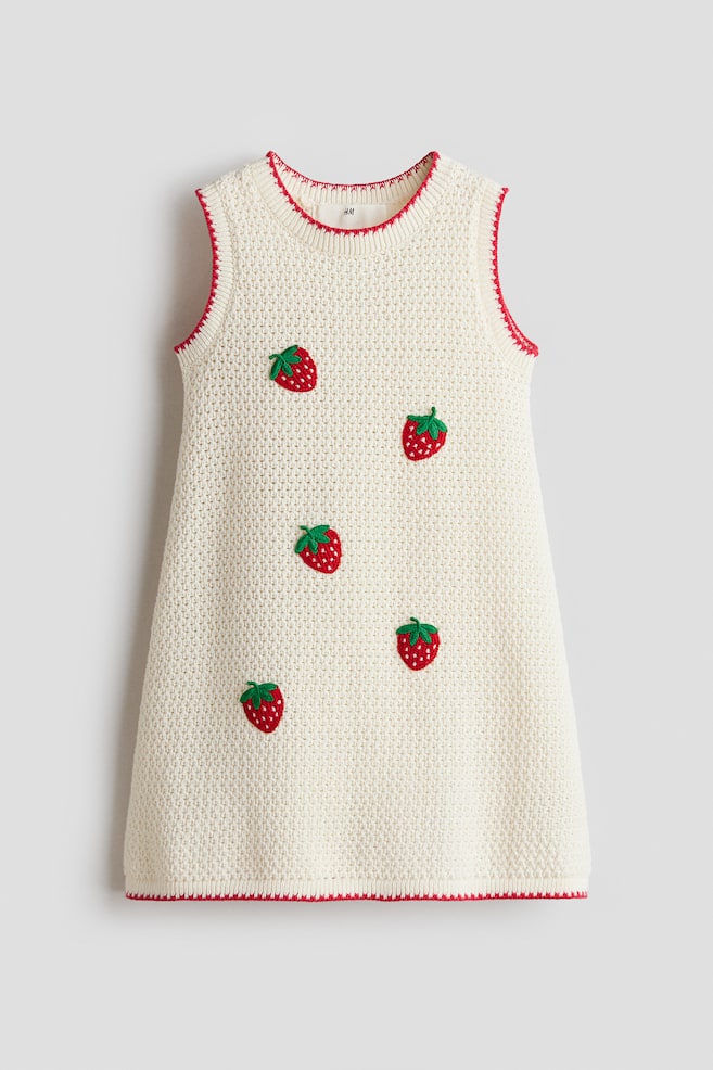 Appliquéd hole-knit dress - Cream/Strawberries/Navy blue/Striped - 1