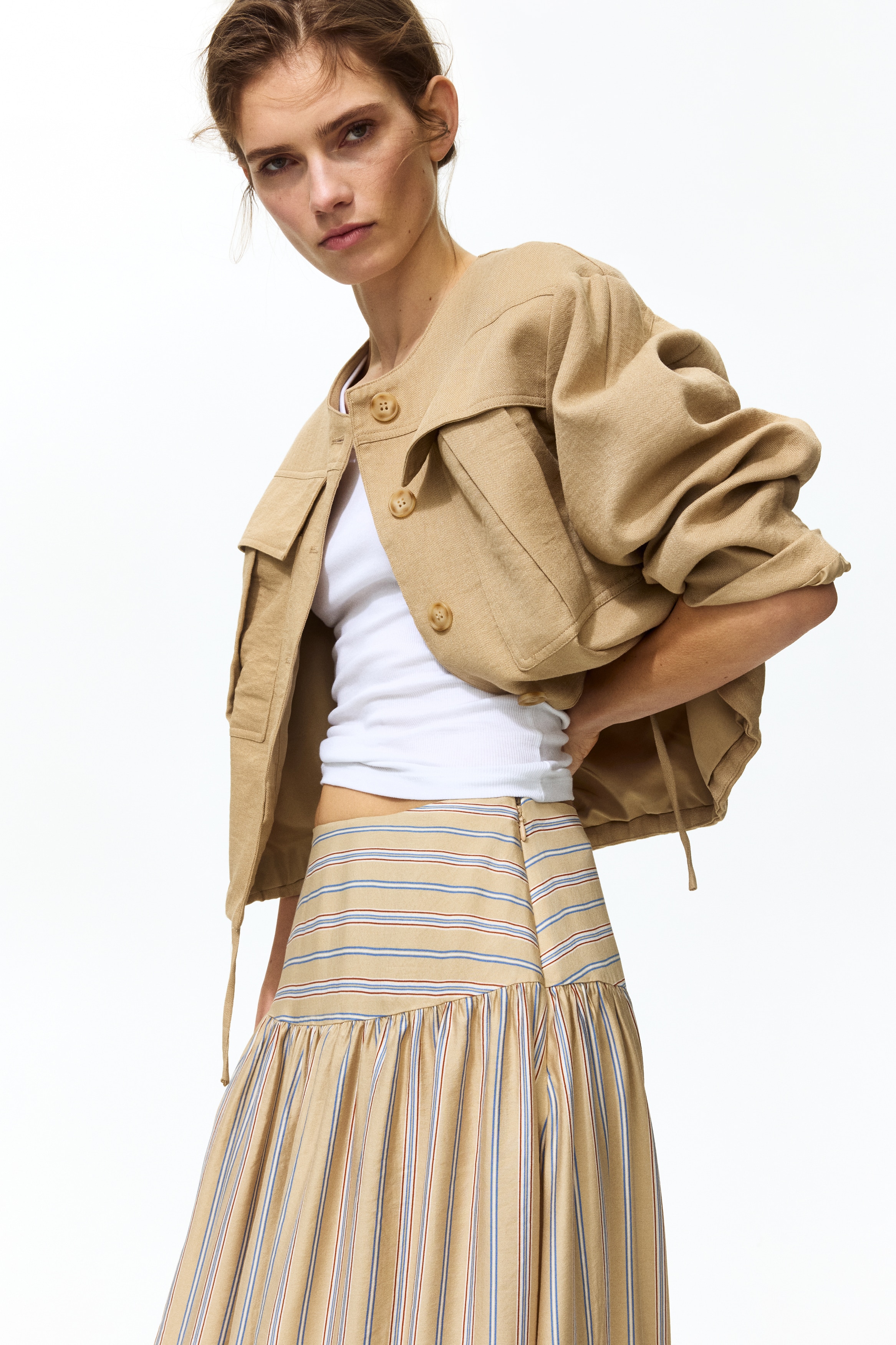 Falda midi fruncida - Beige/Franjas