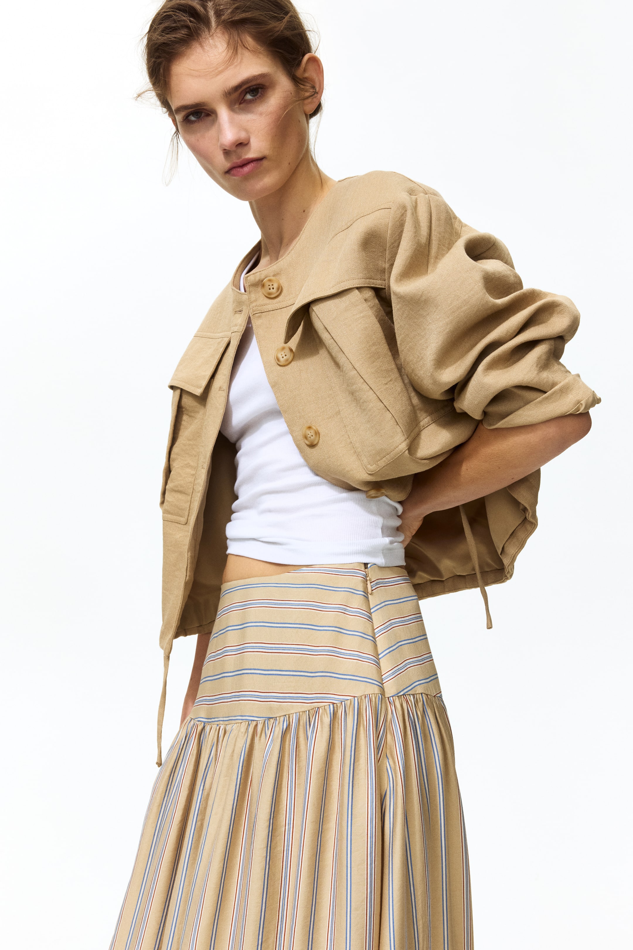 View larger image: Gathered Midi Skirt - Beige/striped - Ladies | H&M US 1