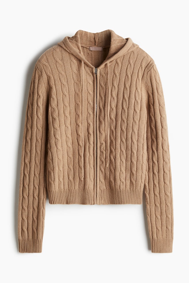 Maglia a trecce con cappuccio e cerniera - Beige scuro - 1