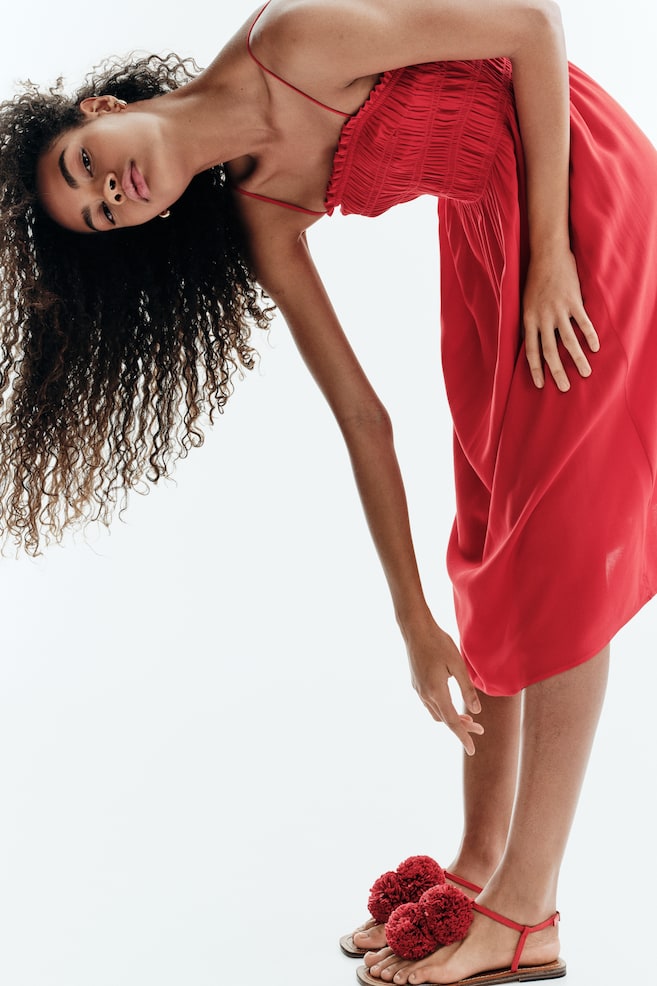 Smocked strappy dress-Red - 5
