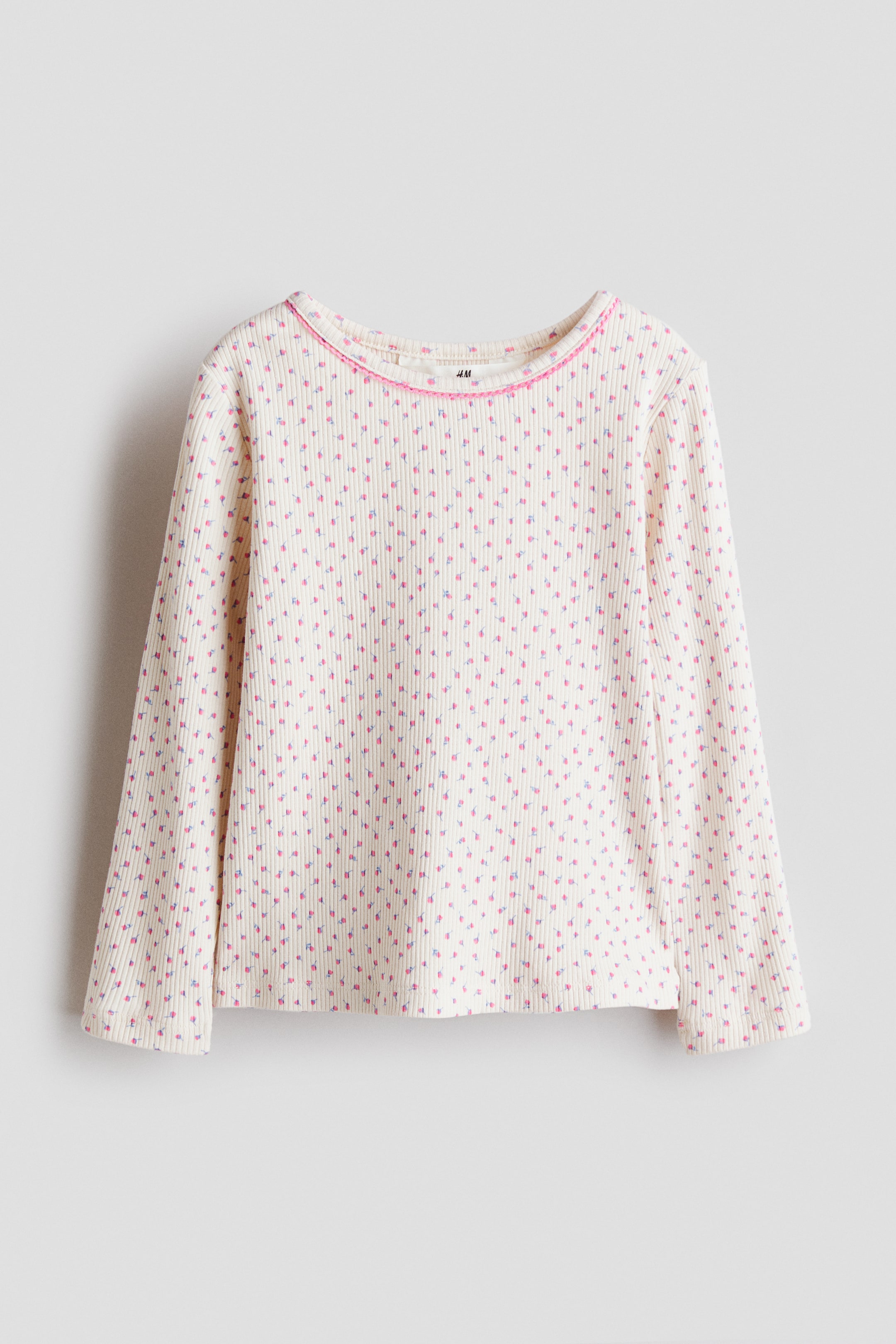 Ampliar la imagen: Top acanalado de algodón - Crema/Floreado - Kids | H&M MX 1