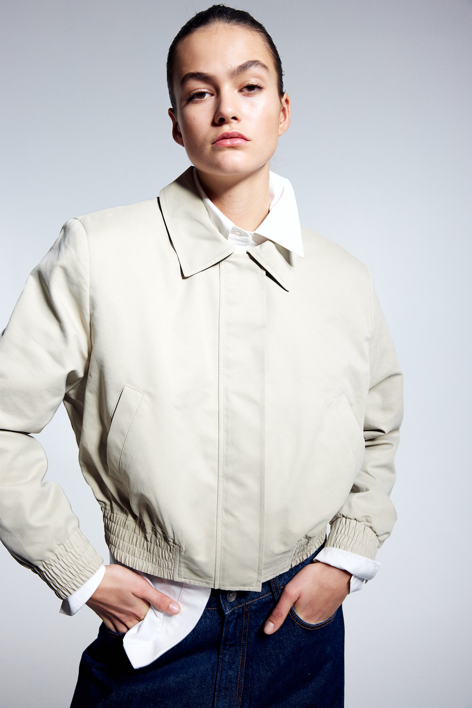 Shoulder Pad Bomber Jacket - Beige/Black - 1