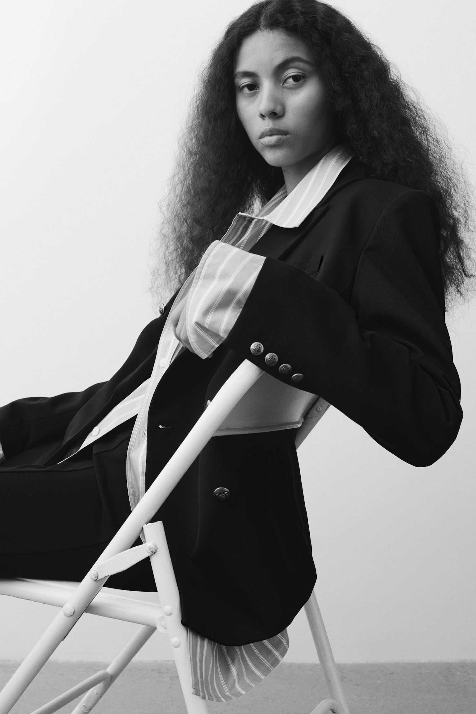 Double-breasted twill blazer - Black - 1