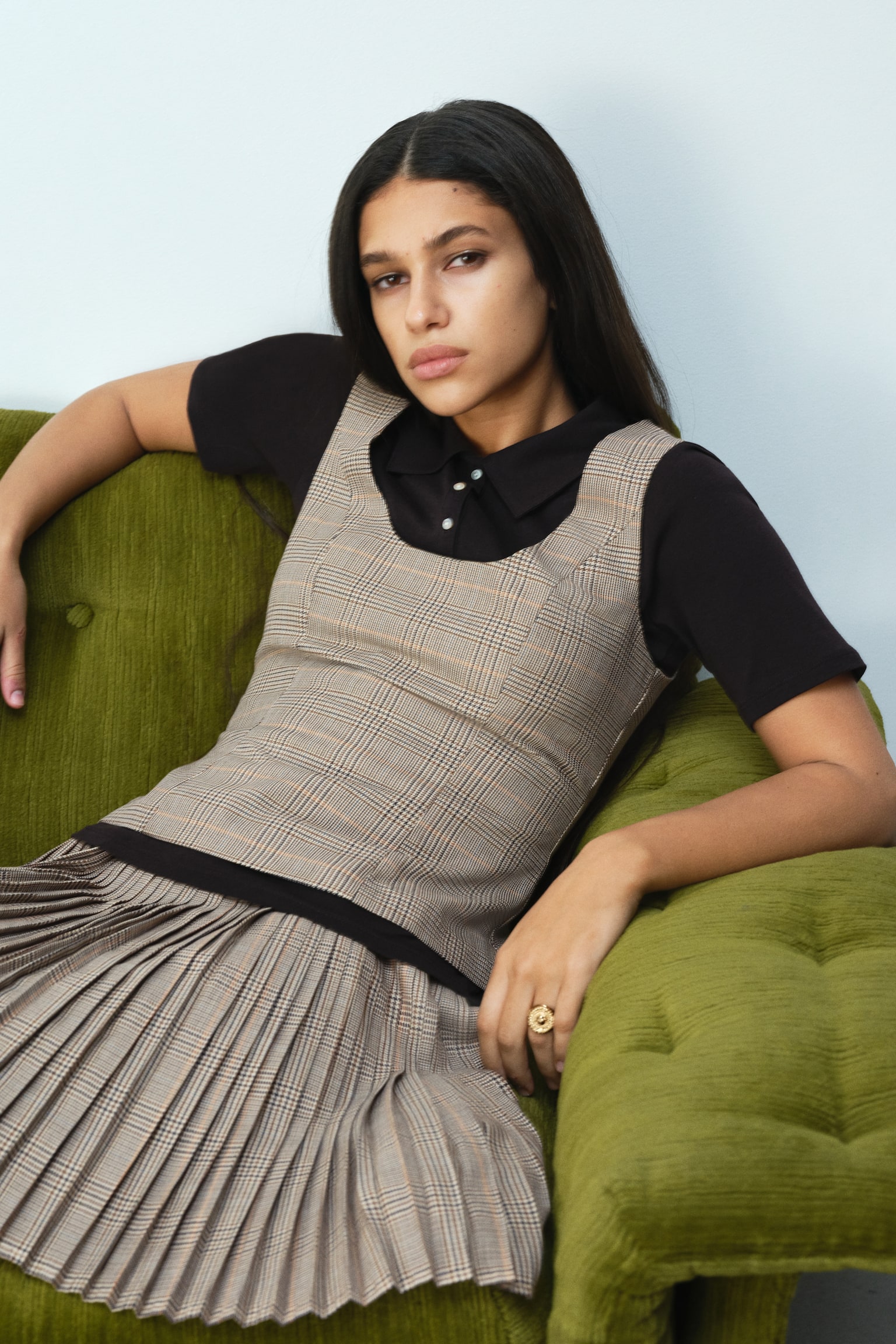 Twill Sleeveless Top - Light beige/plaid - 5