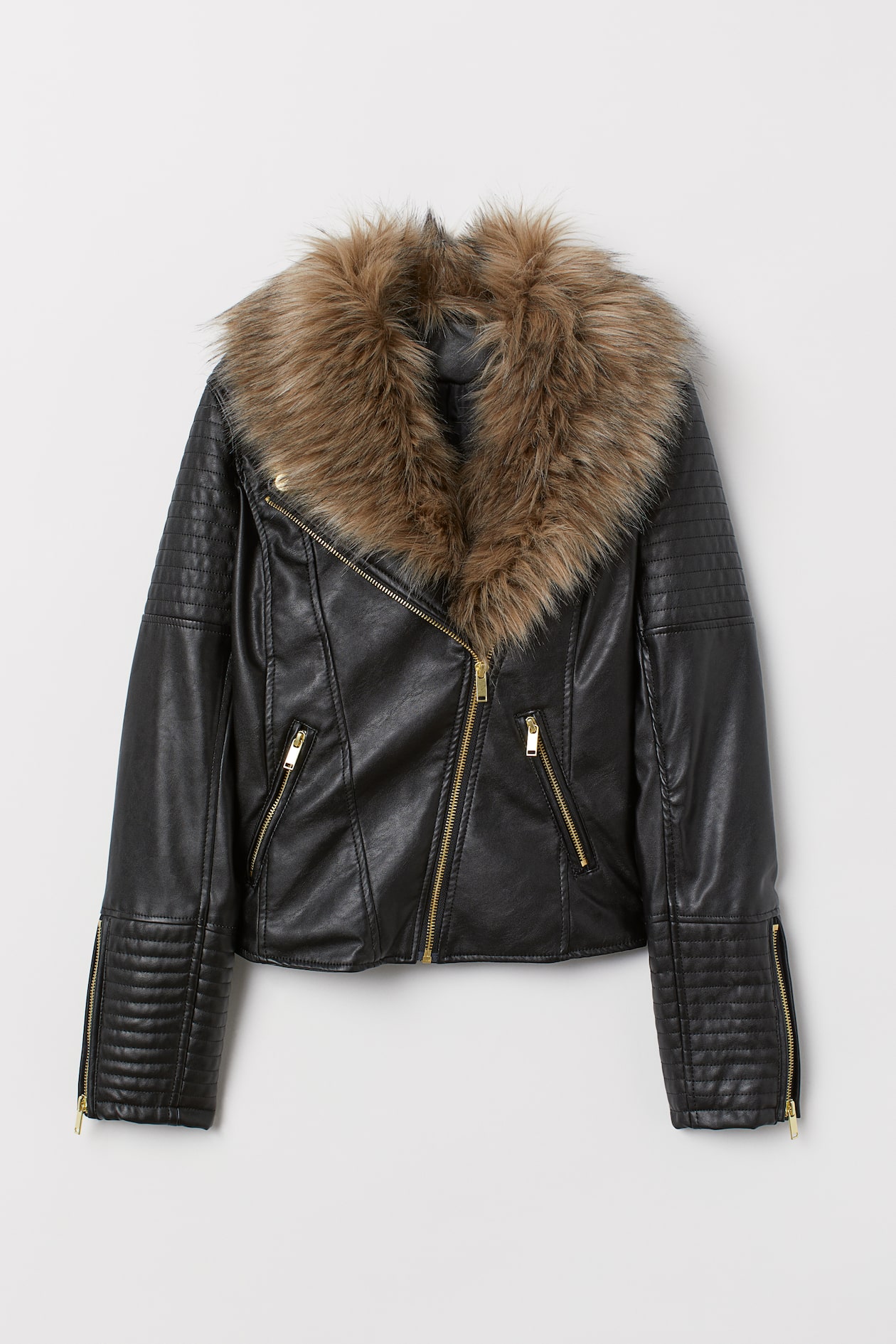 Faux fur collar biker jacket Black Ladies H&M