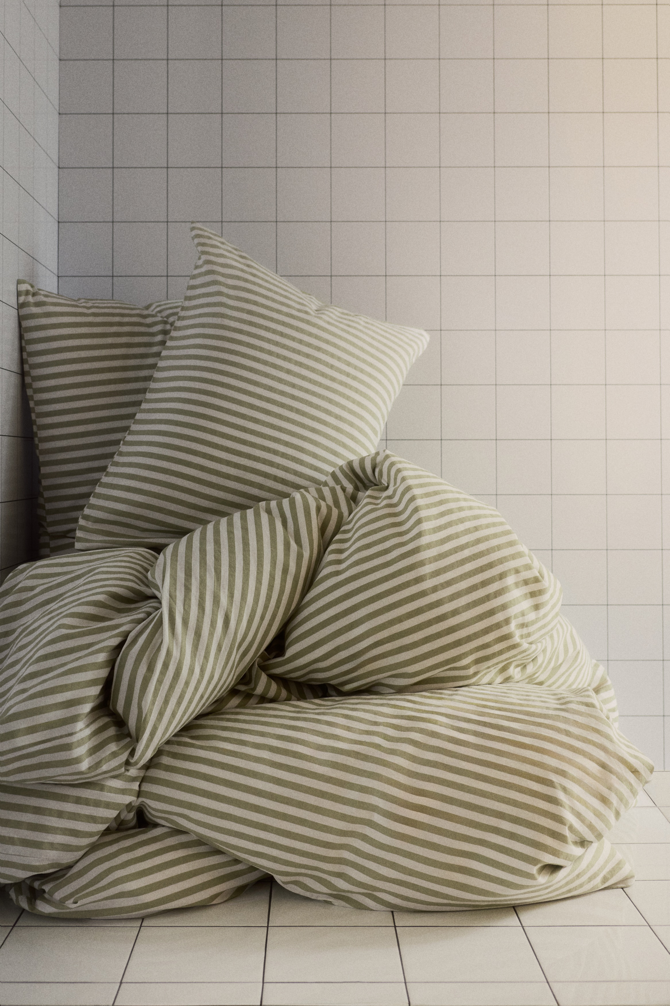 Cotton double/king duvet cover set - Sage green/White striped/Light mole/White/Dusty brown/Striped/Light khaki green/White