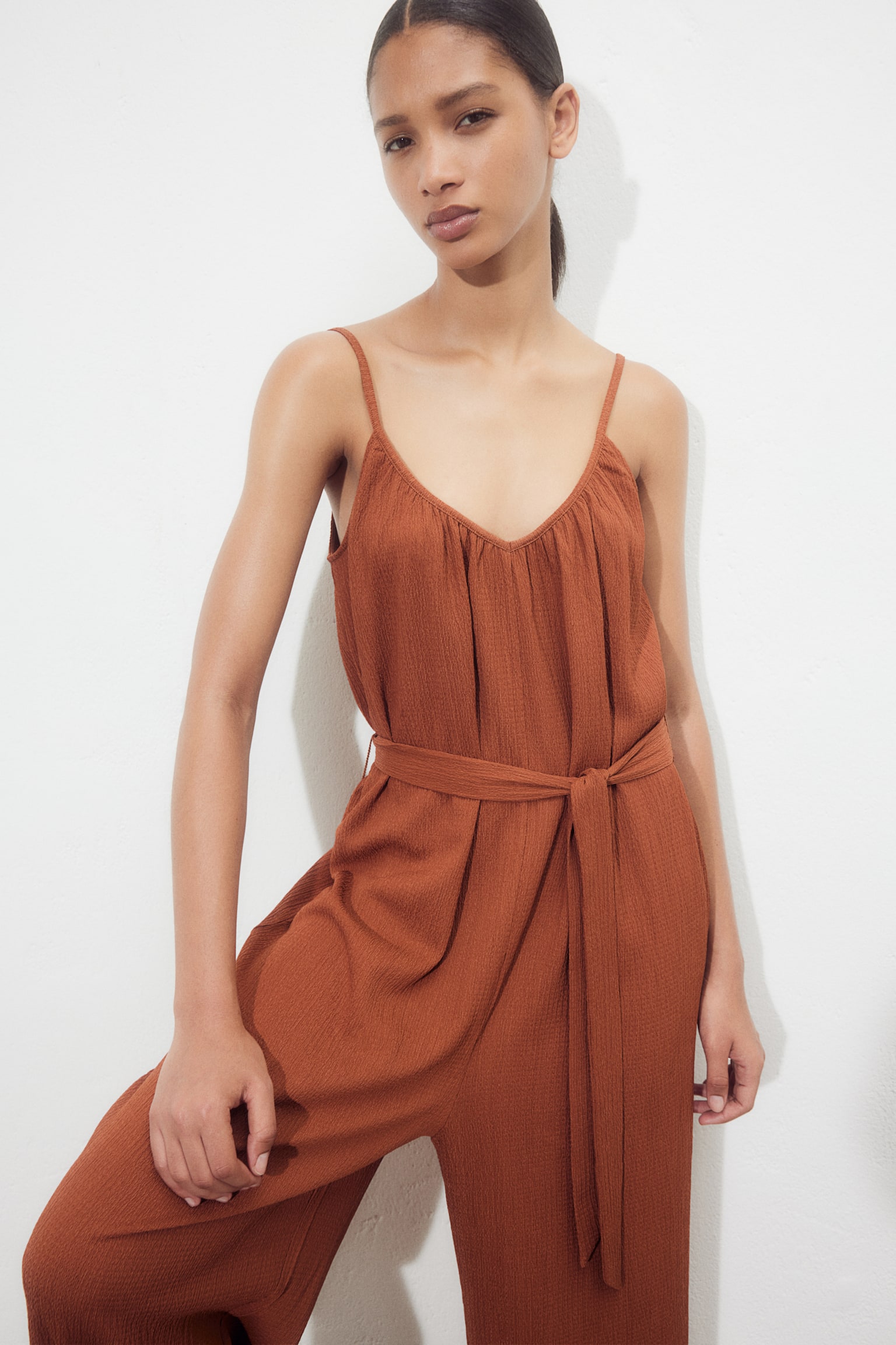 Tie Belt Jersey Jumpsuit - Rust brown/Light beige/Stripe/Black/Light beige/Black pattern - 5