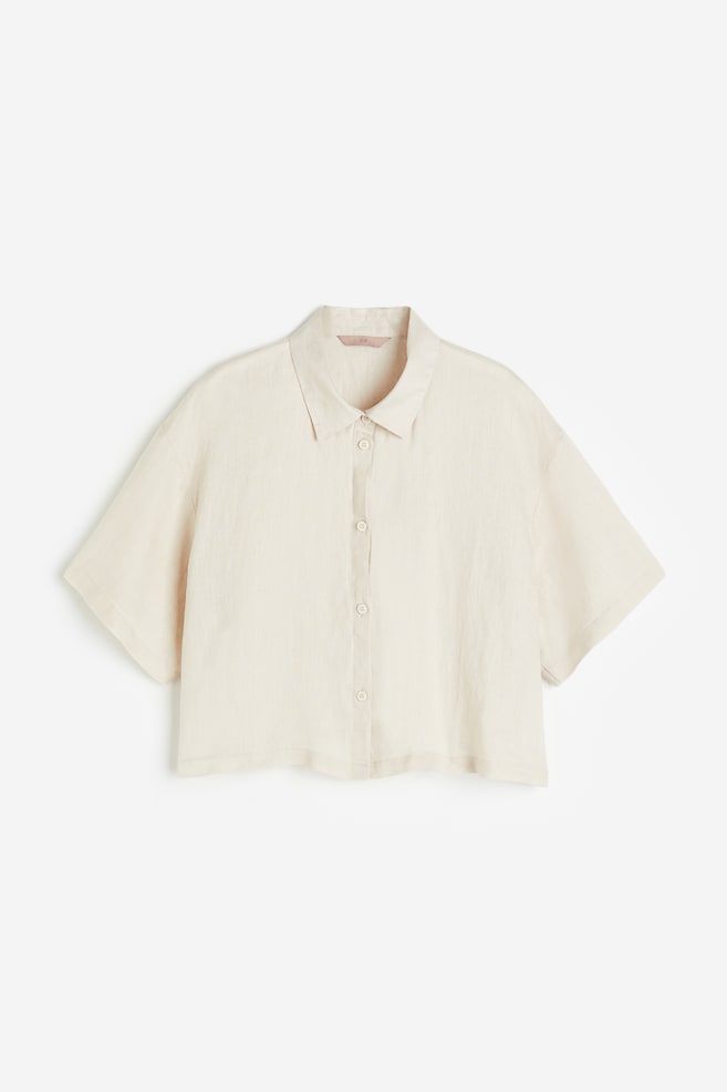 Cropped linen shirt - Light beige/Green - 2