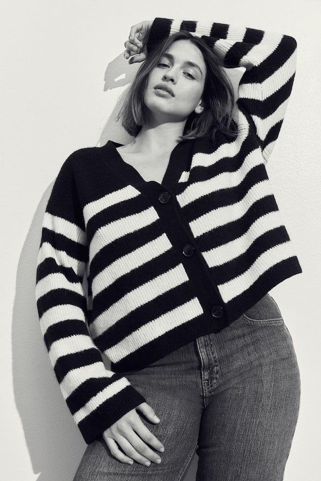 Oversized rib-knit cardigan - Black/Striped/Beige/Striped/Beige/Striped - 1