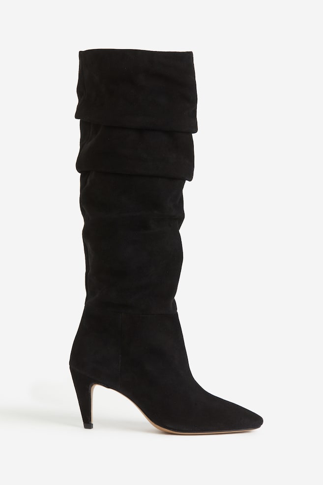 Suede knee-high heeled boots - Black - 1