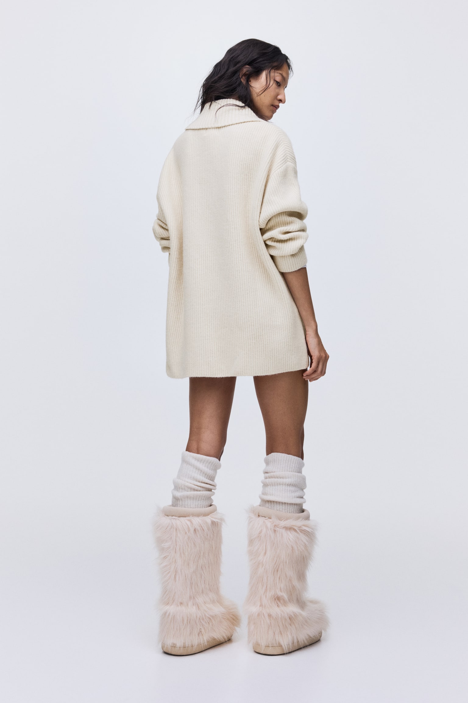 Rib-knit shawl-collar jumper - Crema/Beige - 6