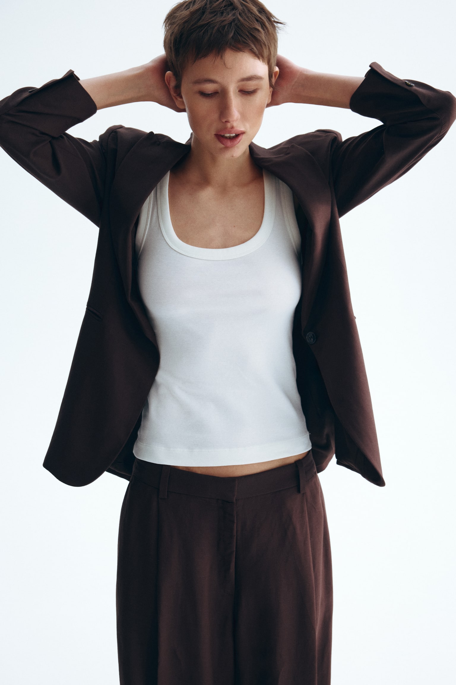 Linen-blend blazer - Dark brown/White/Light beige - 5