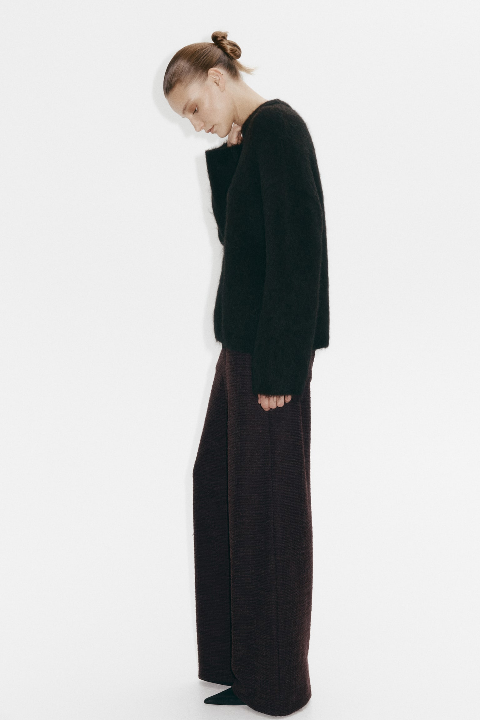 Женские брюки H&M Wide-Leg Bouclé Pants, цвет: Тёмный коричневый — фото 4