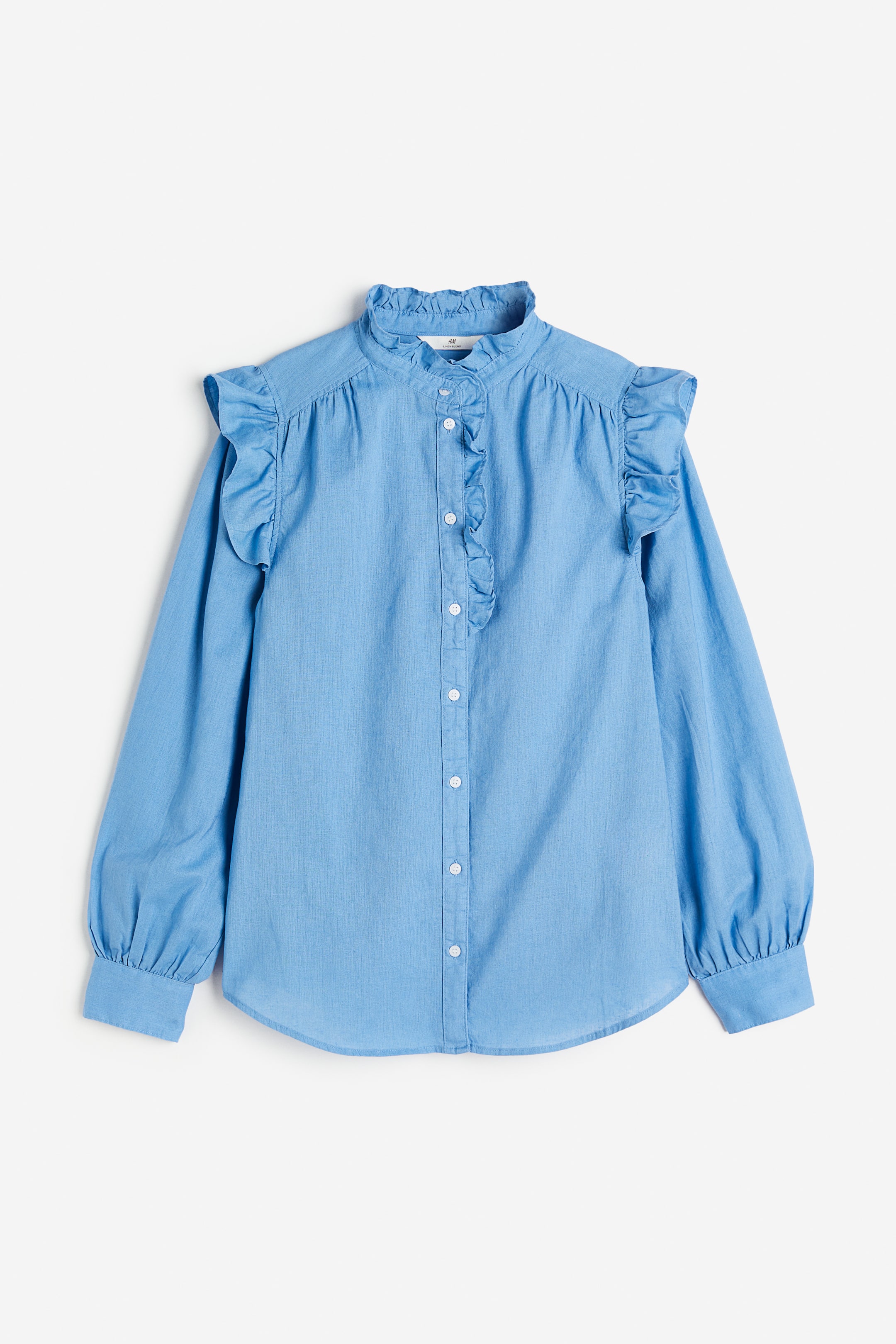 Frill-trimmed linen-blend blouse - Long sleeve - Regular length - Blue ...