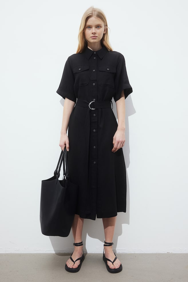 Linen-blend shirt dress - Black/Beige - 1