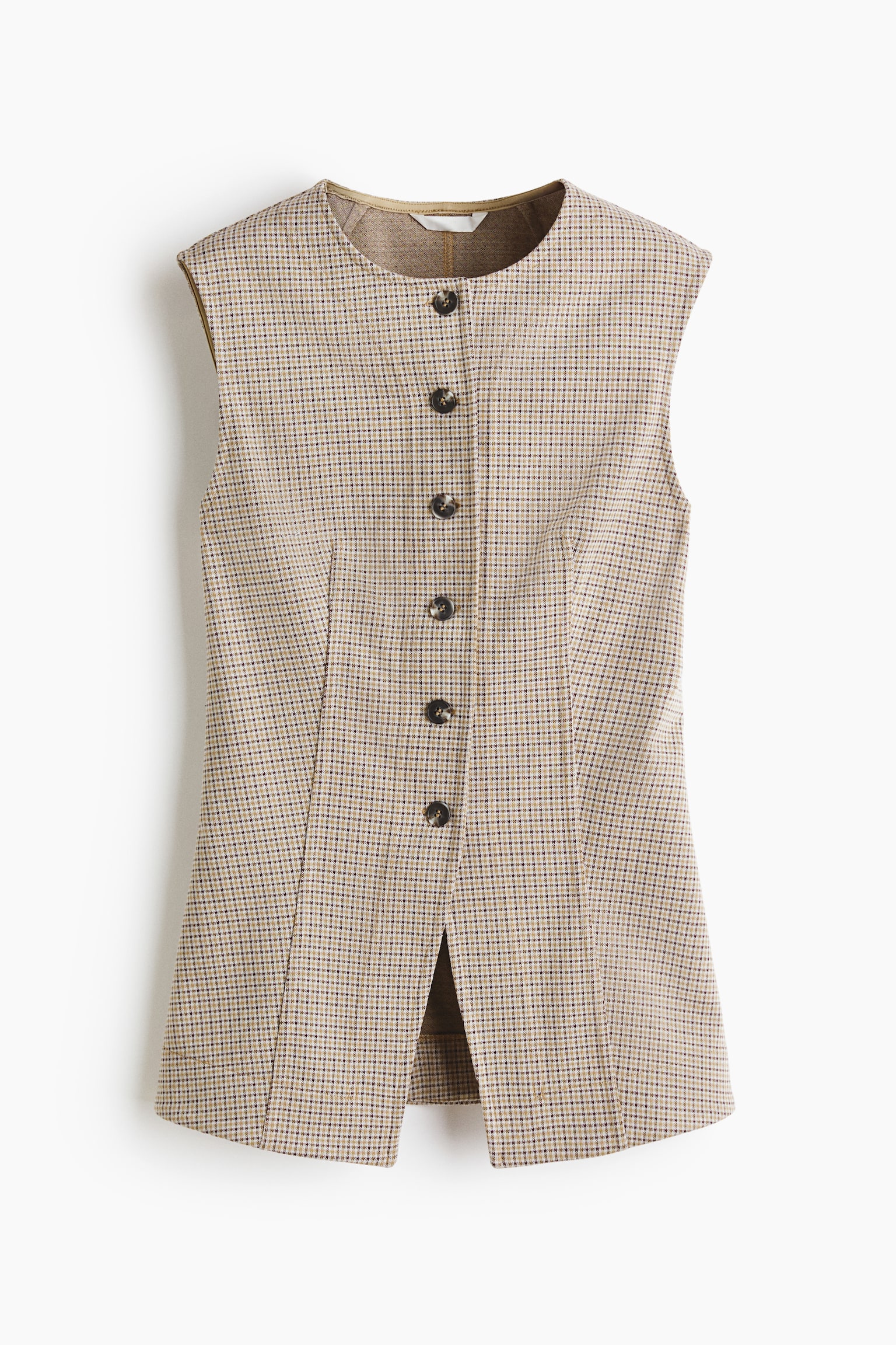 A sleeveless tunic displays a small beige, brown, and black check pattern. It features a round neckline, tailored vertical seams, and a full button-down front with six dark buttons. The tunic also showcases a central front slit at the hem. - 1