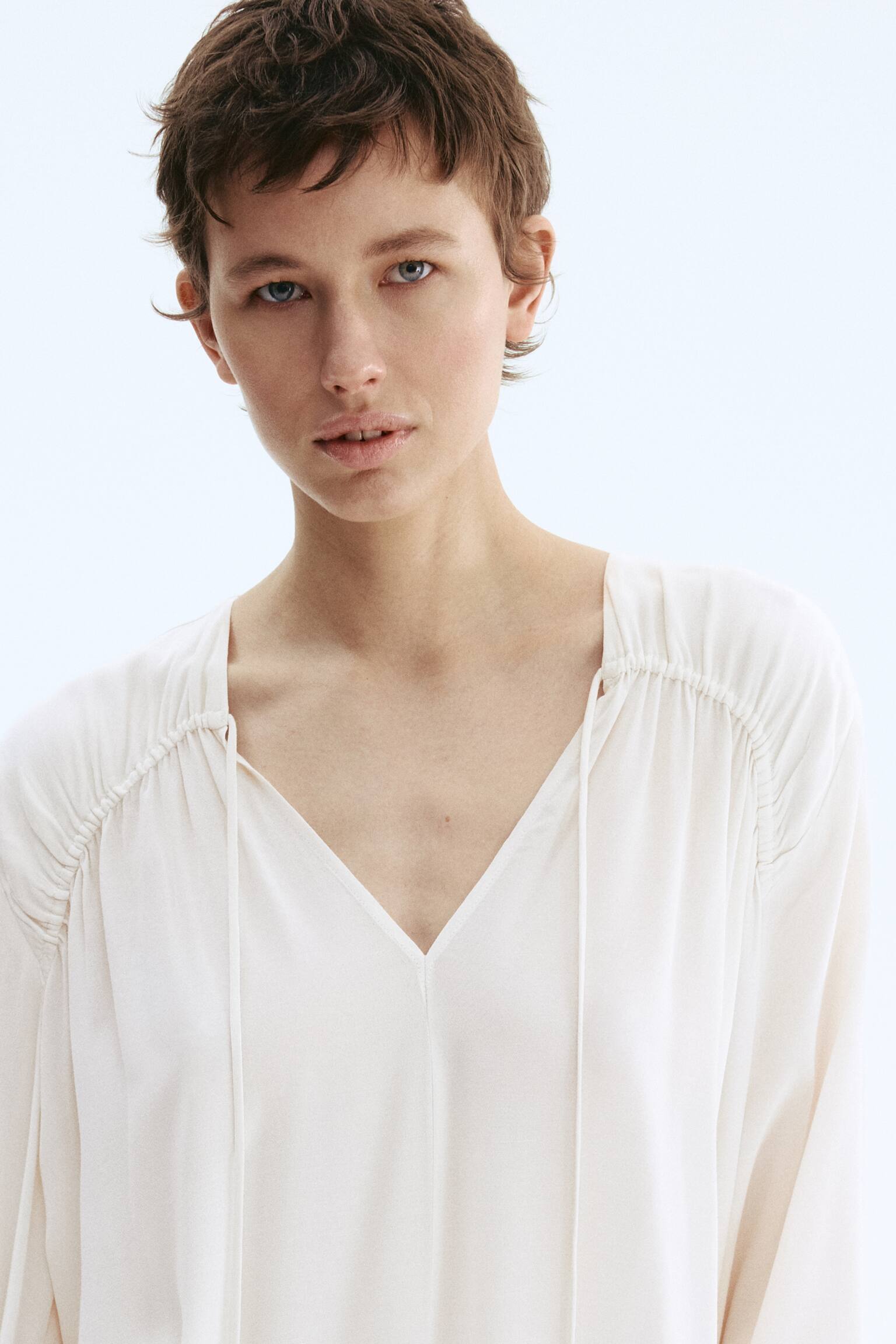 Блуза оверсайз із віскози - Світло-бежевий/Темно-коричневий - 4