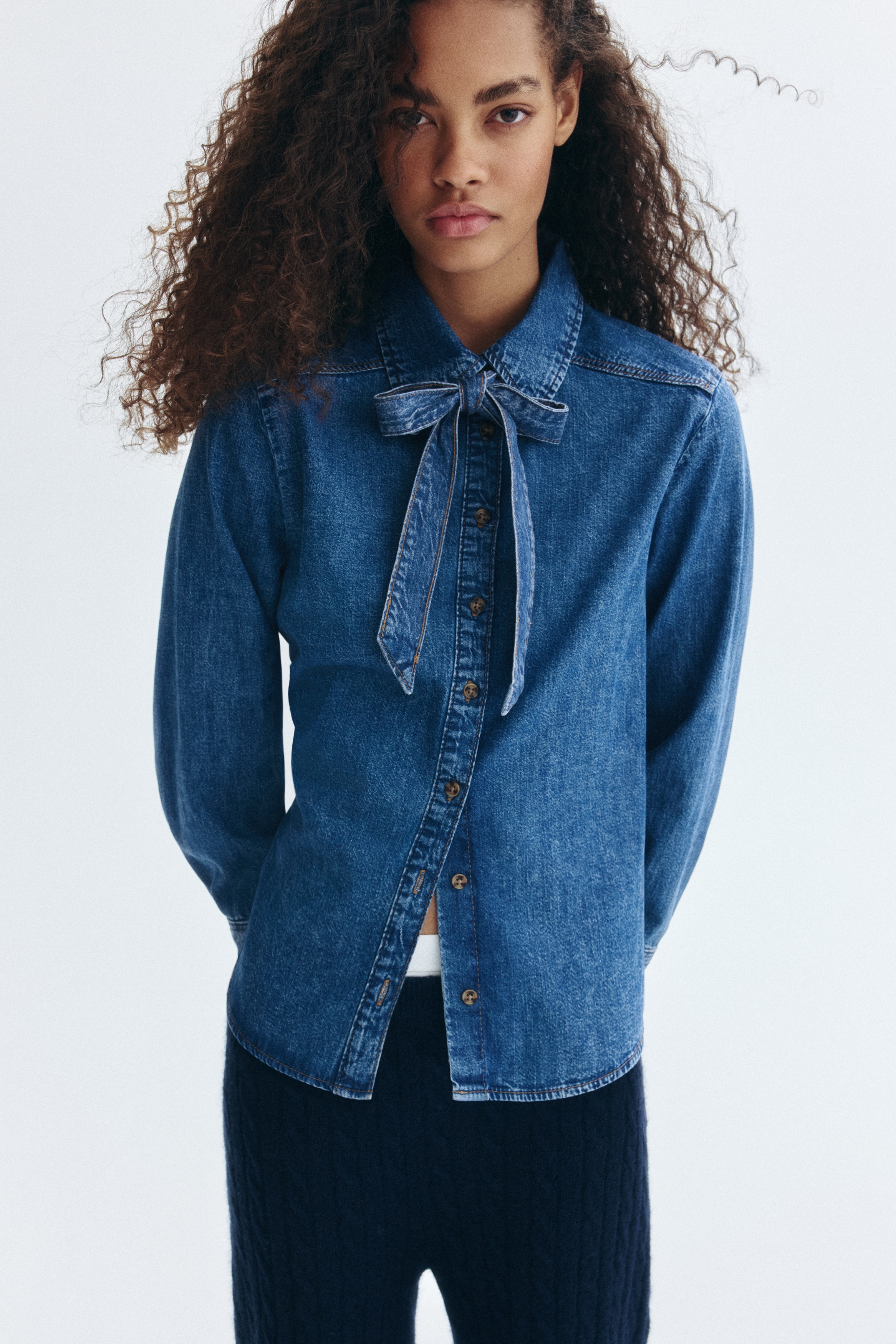 Bow-detail denim blouse