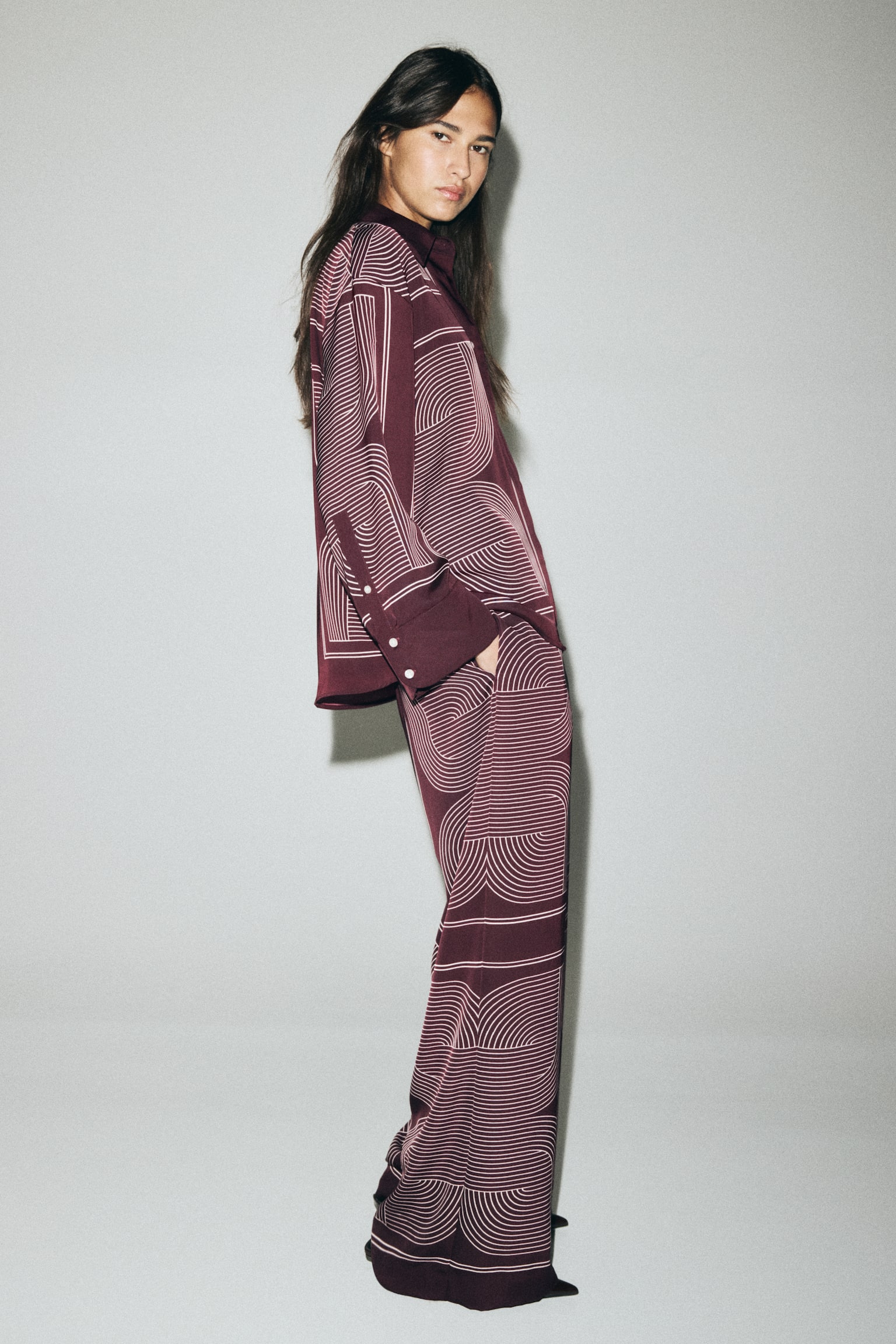 Oversized twill shirt - Burgundy/Patterned - 5