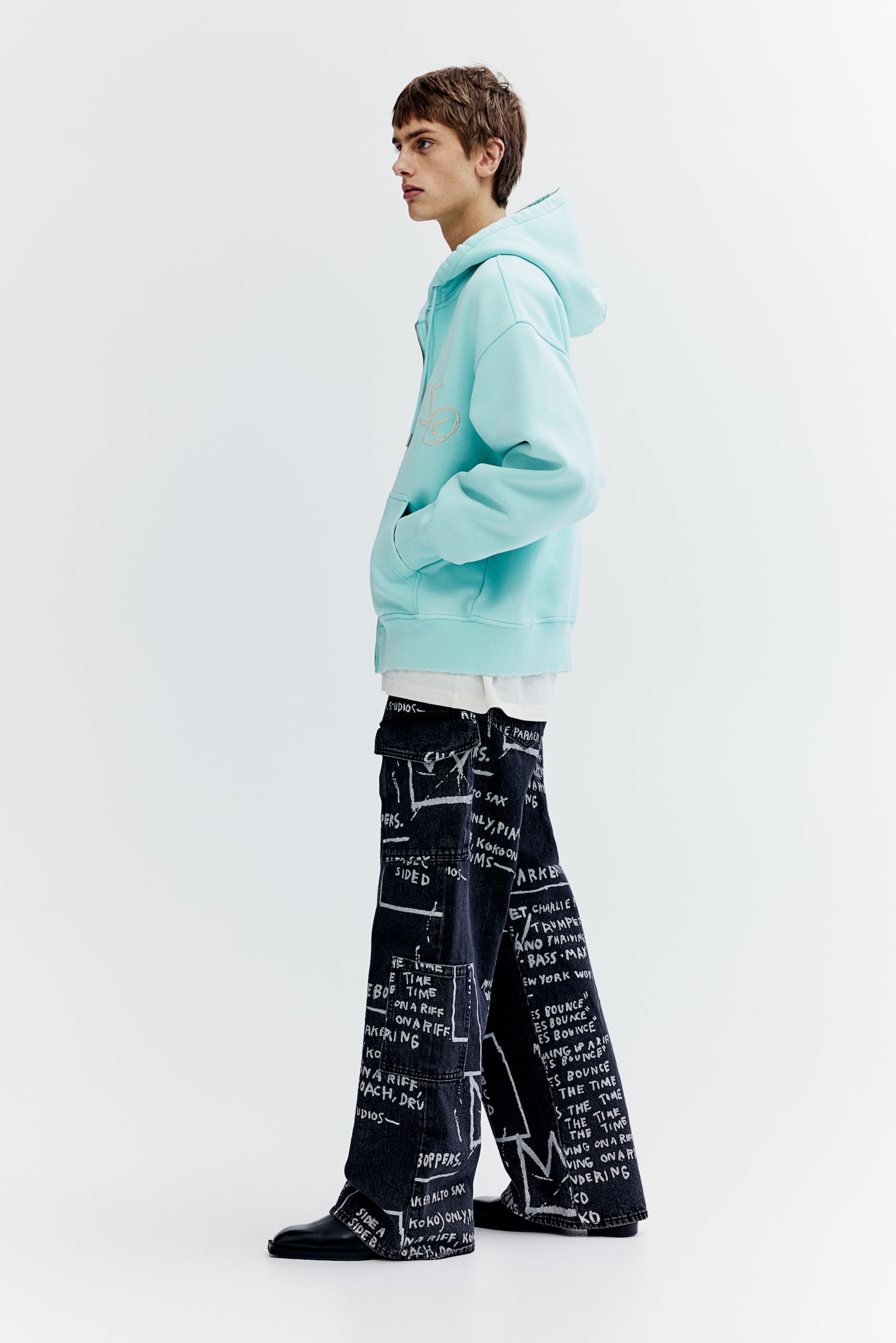 Oversized Fit Cotton zip-through hoodie - Turquoise/Basquiat - 4