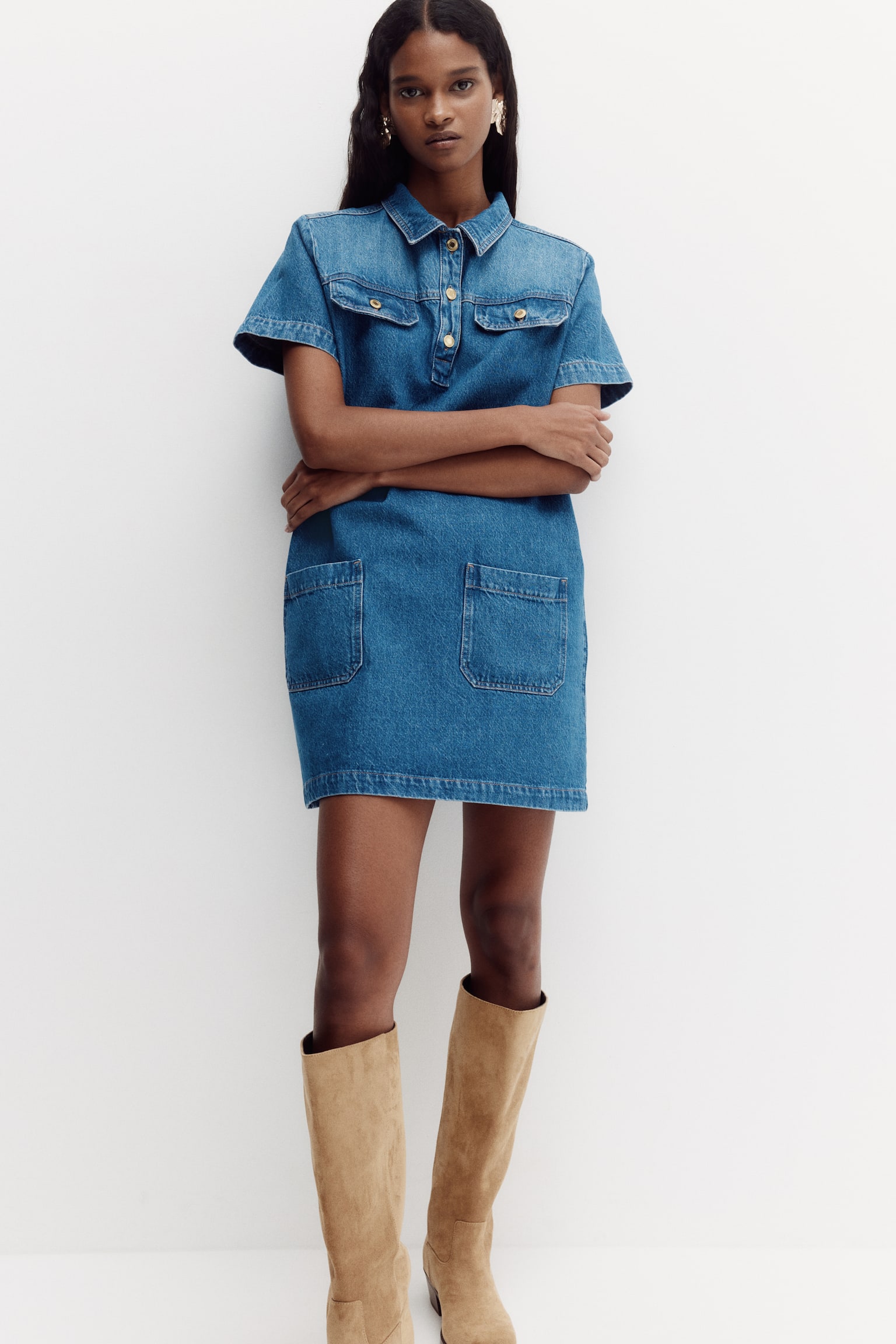 Collared denim dress - Denim blue - 1