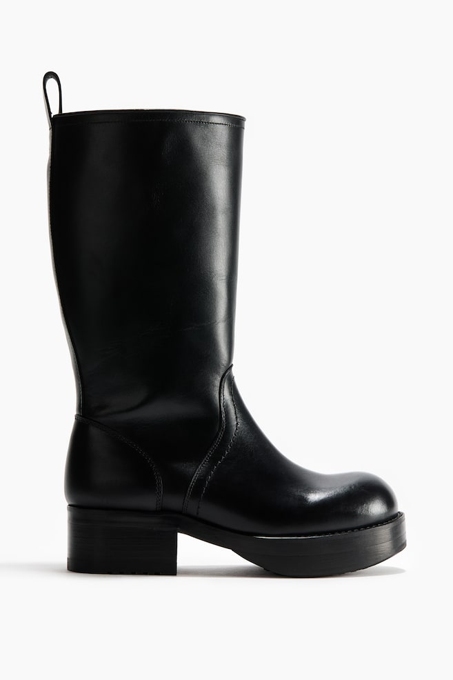 Calf-High Leather Boots - Black - 1