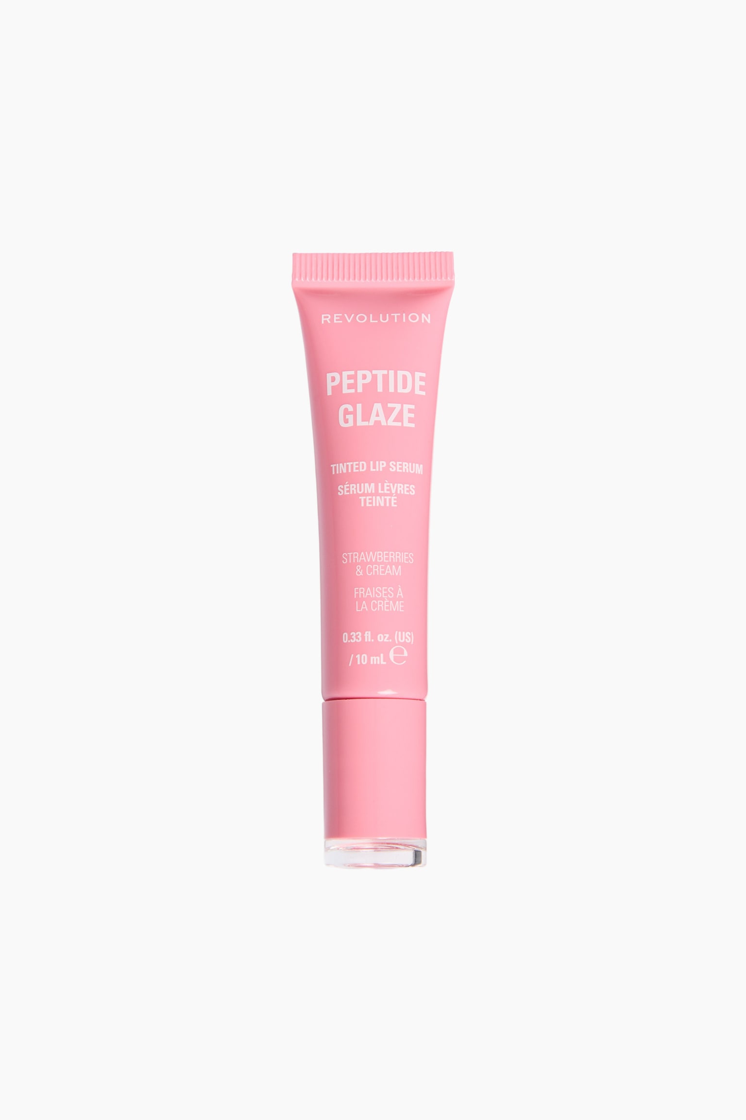 Peptide Glaze Tinted Lip Serum seisoo pystyasennossa ja on suunnattu kohti kameraa, esitellen vaaleanpunaisen puristettavan tuubin, jossa on puristettu ylÃ¤reuna ja siihen sopiva vaaleanpunainen korkki. Tuubin etupuolella nÃ¤kyy valkoinen painettu teksti, joka kertoo tuotemerkin, tuotteen nimen ja maun âStrawberries & Creamâ. - 1
