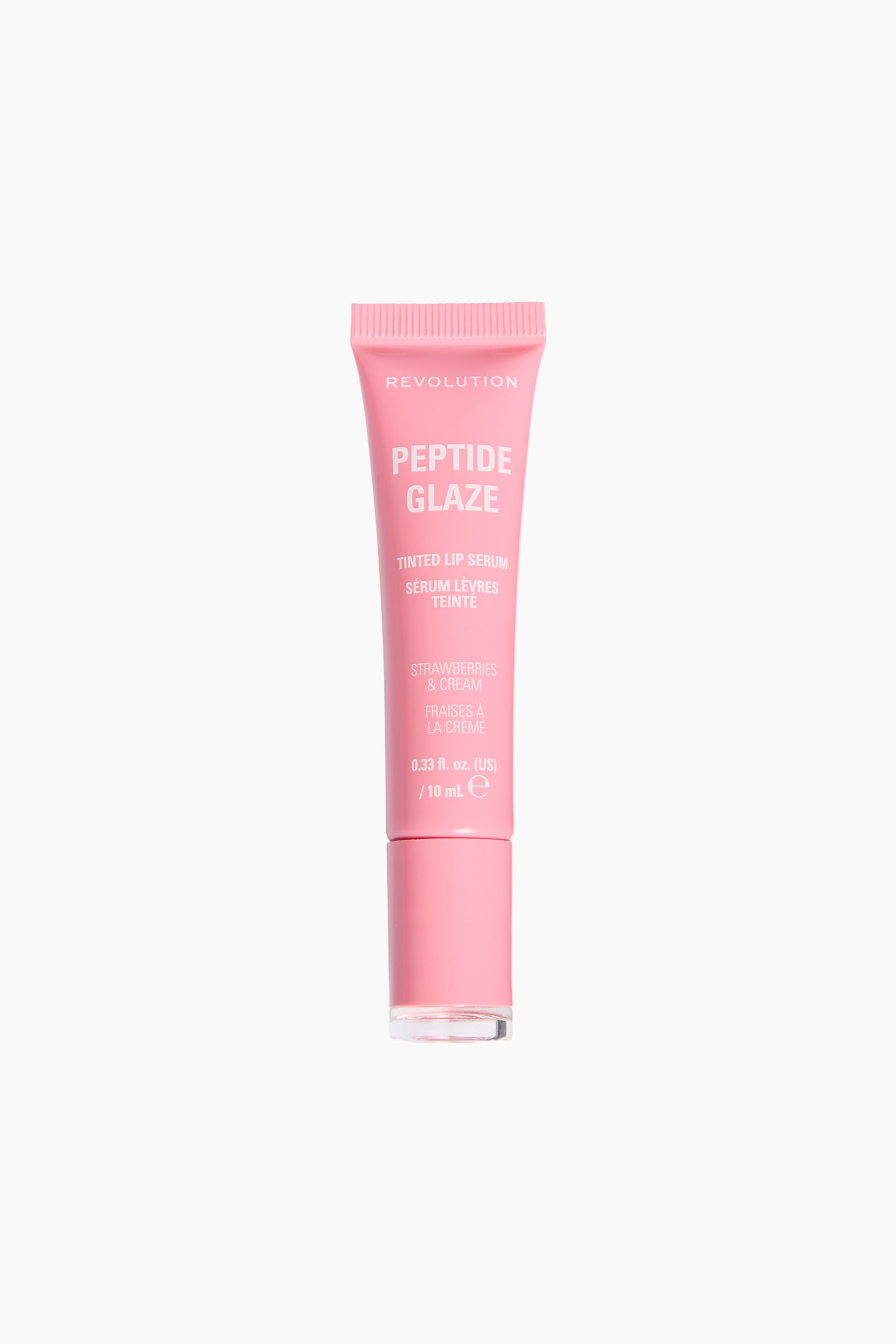 Visa större bild: Peptide Glaze Tinted Lip Serum står upprätt och vänt framåt, och visar en ljusrosa klämbar tub med krusad överkant och ett matchande rosa lock. På tubens framsida syns vit tryckt text som anger varumärket, produktnamnet och smaken ”Strawberries & Cream.”