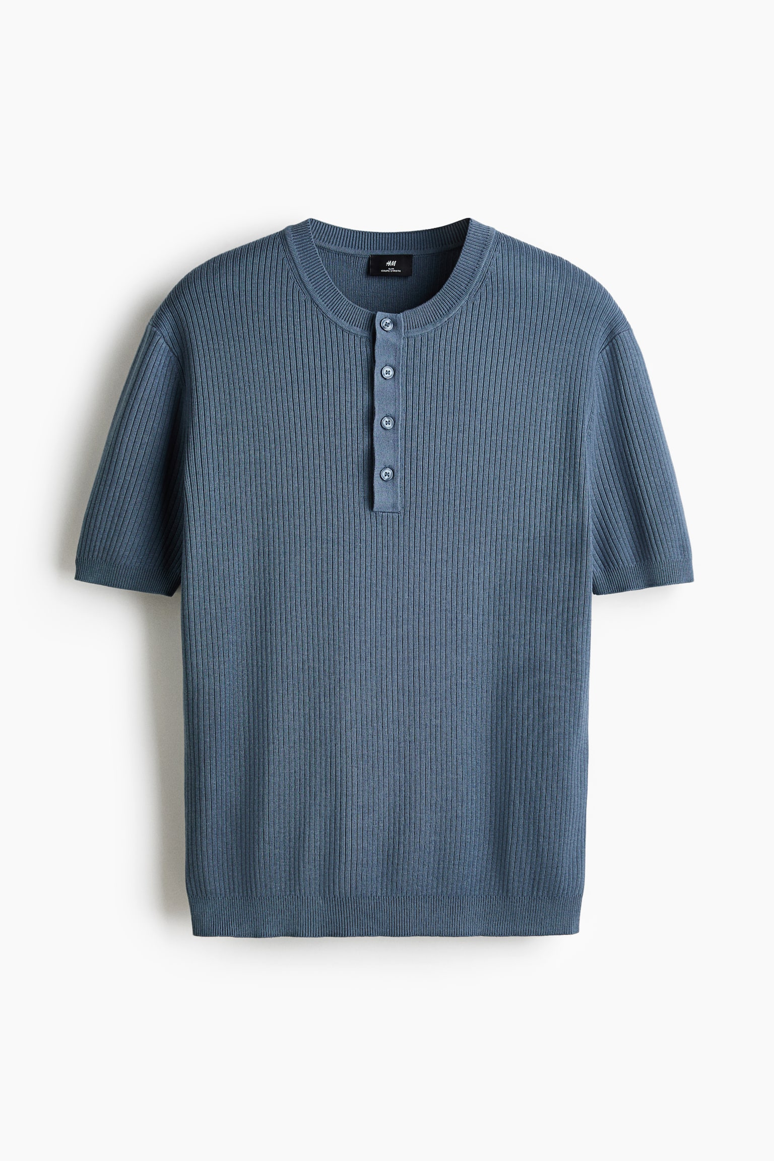 Мужская рубашка H&M Slim-Fit Fine-Knit Henley, цвет: Тёмный пыльный синий