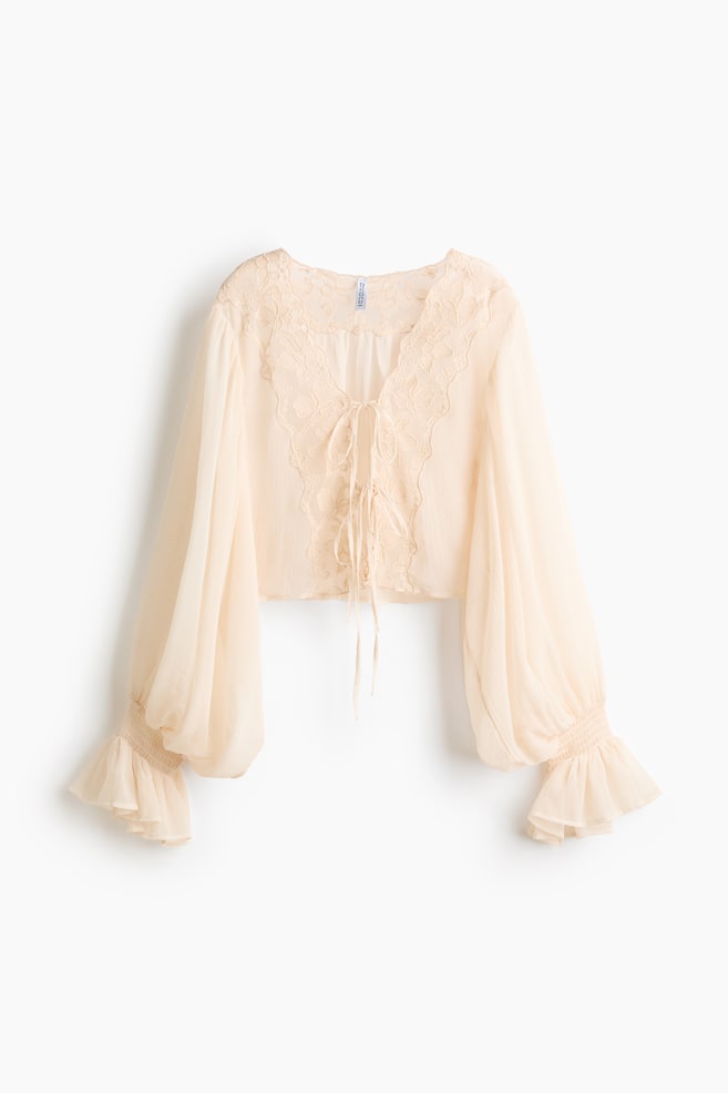 Lace-Trimmed Balloon-Sleeved Blouse - Pale apricot/Black - 1