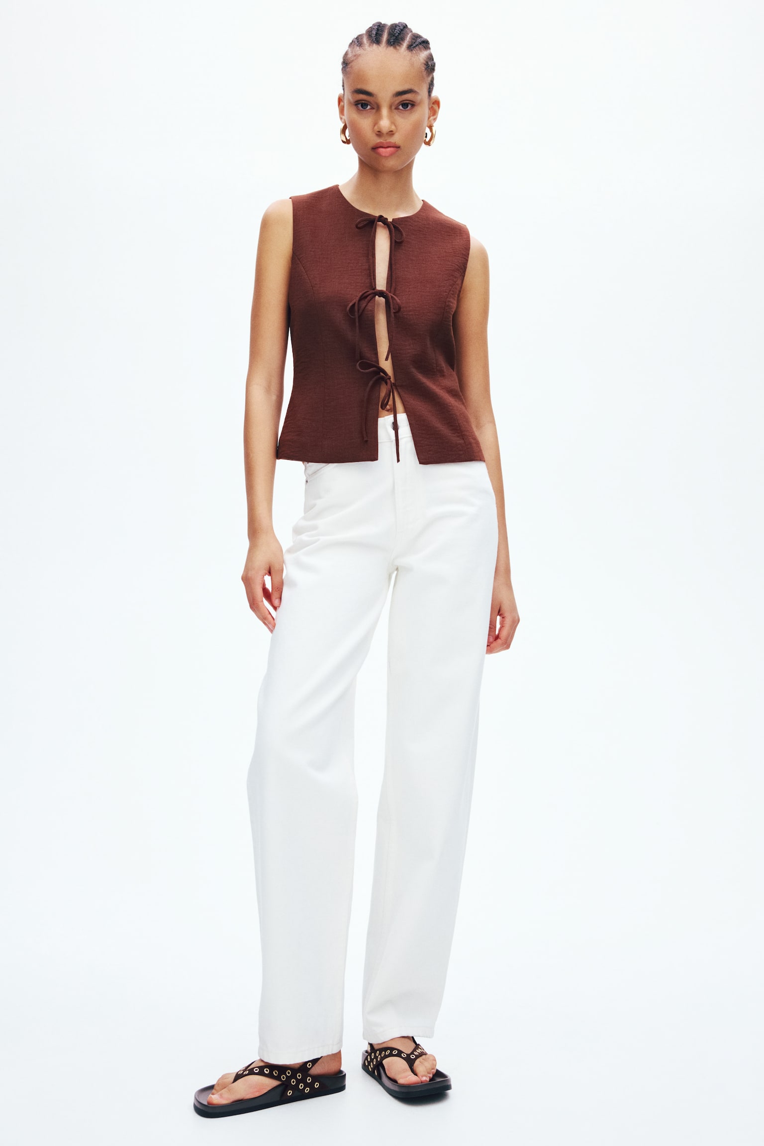 Tie-detail waistcoat - Dark brown/Cream - 3
