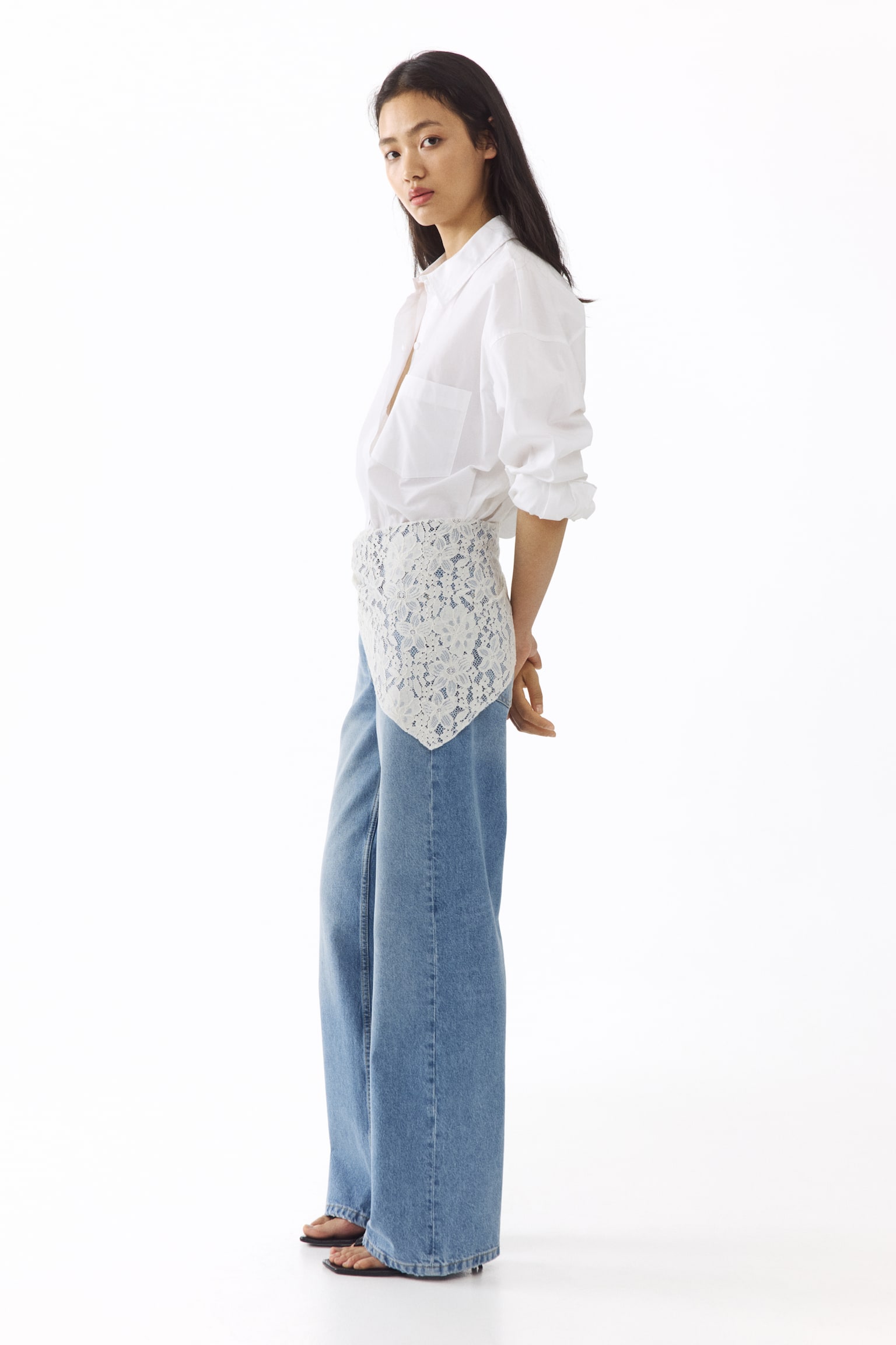 Straight High Waist Jeans avec foulard - Bleu denim clair/blanc/Bleu denim/orange - 1