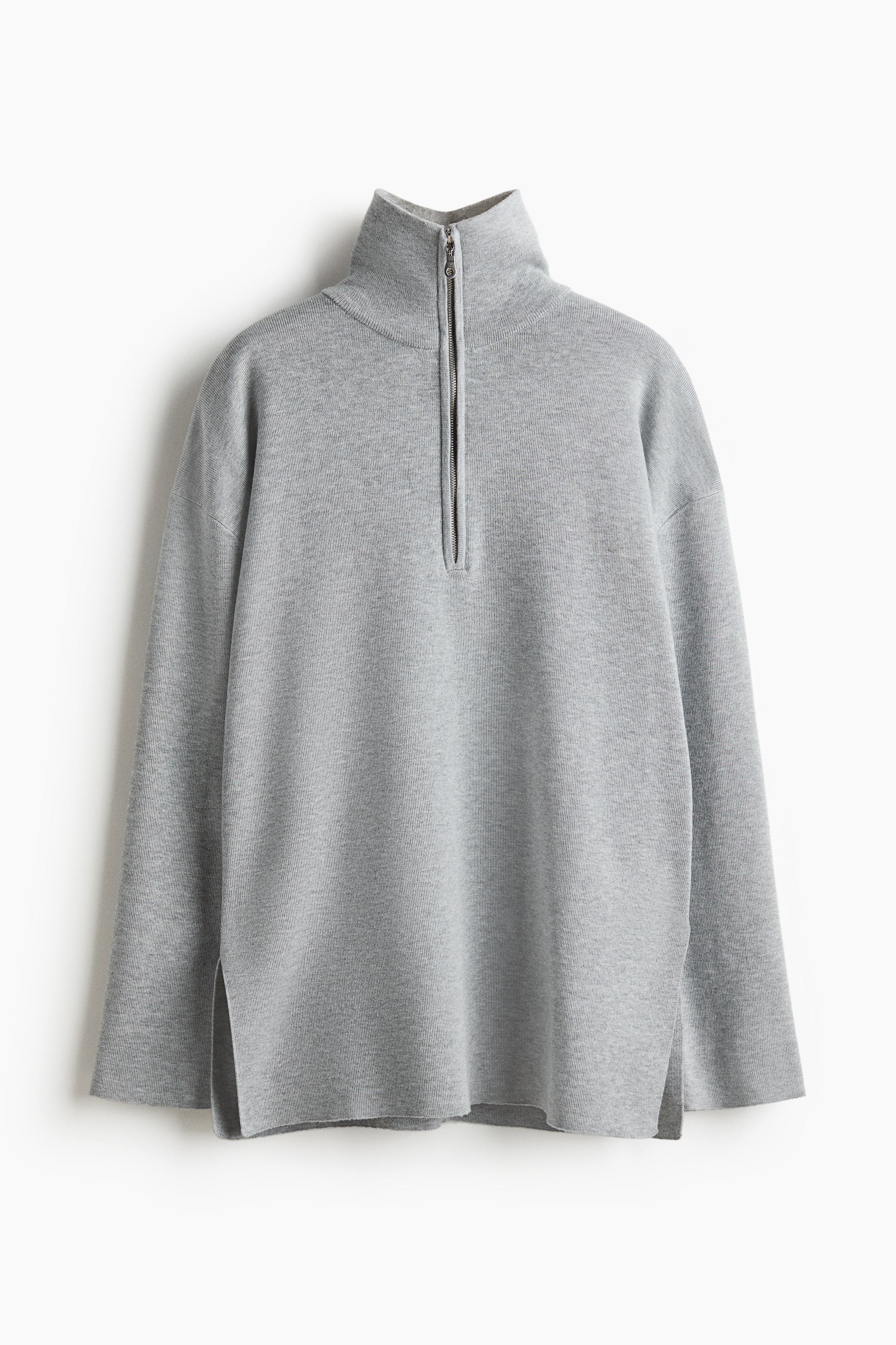 Oversized stickad tröja med dragkedja - Gråmelerad