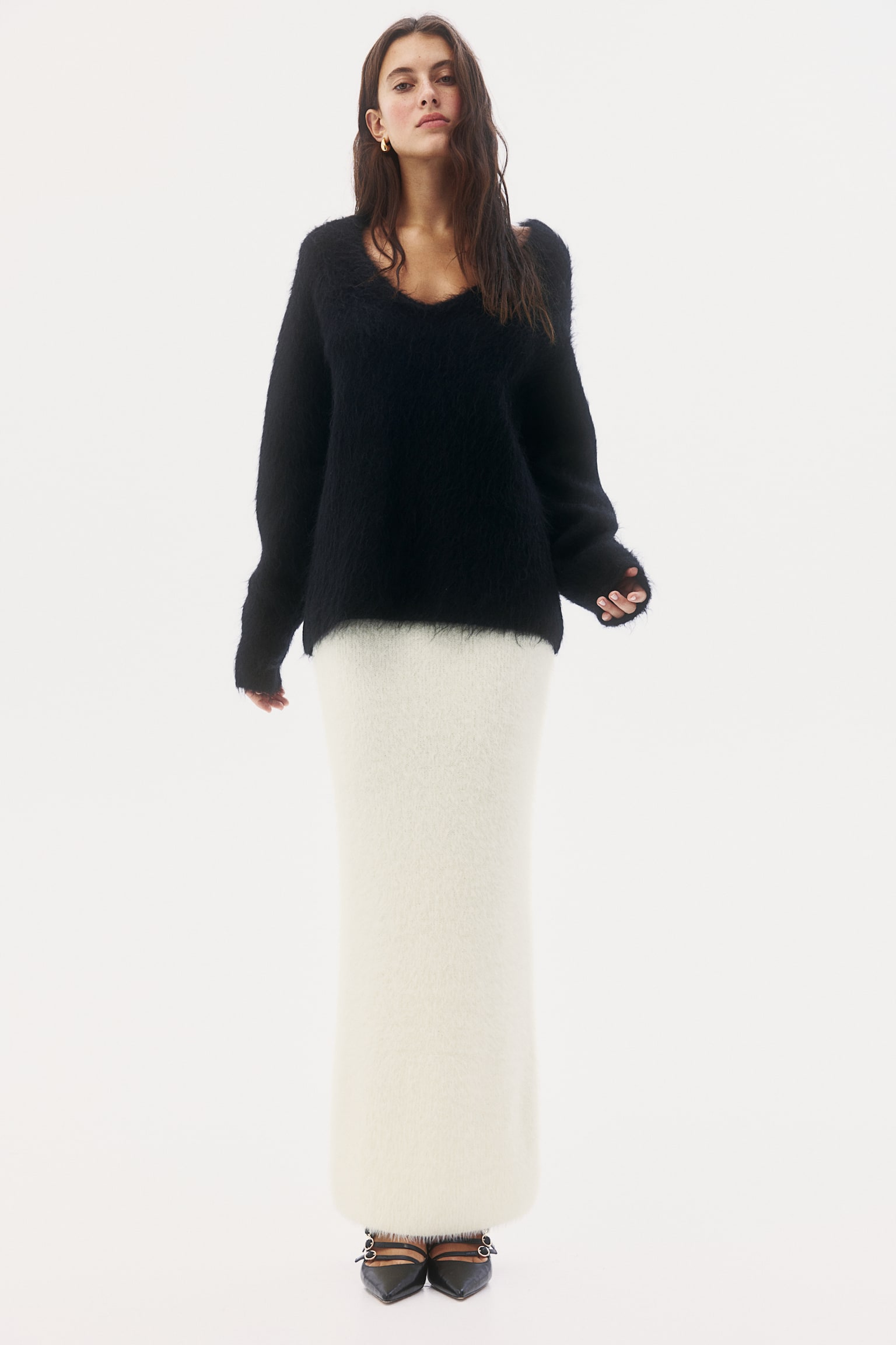 Fluffy-knit skirt - Cream/Dark red - 1