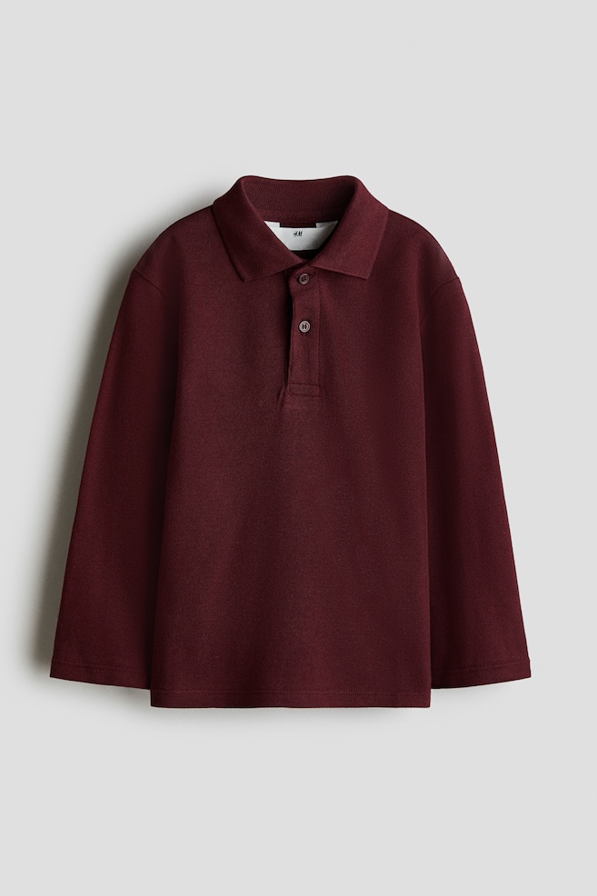 Long Sleeve Cotton Polo Shirt - Dark red/Grey marle/White/Navy blue - 1