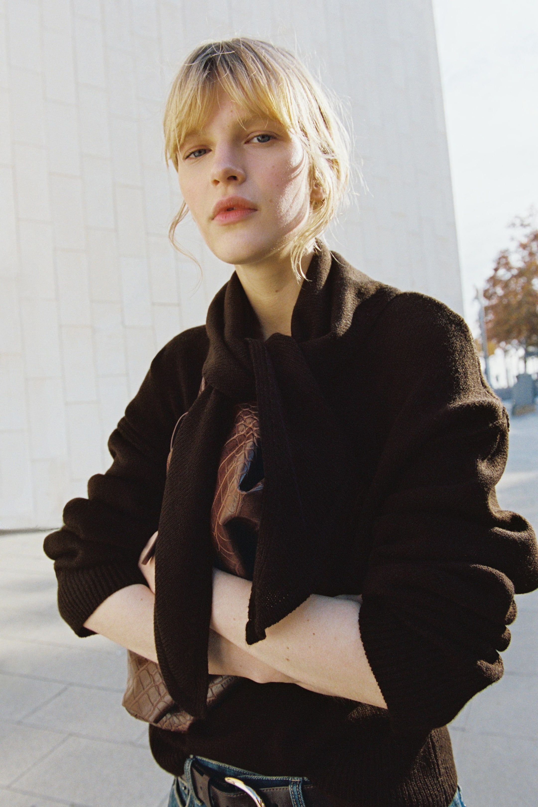 Voir une image plus grande: Un cardigan tricoté brun foncé présente des manches longues avec des poignets côtelés et une fermeture à nouer à l’avant. Il est porté par-dessus un haut brun doté d’un motif texturé rappelant des écailles. Un sac brun embossé façon crocodile est tenu contre le cardigan.