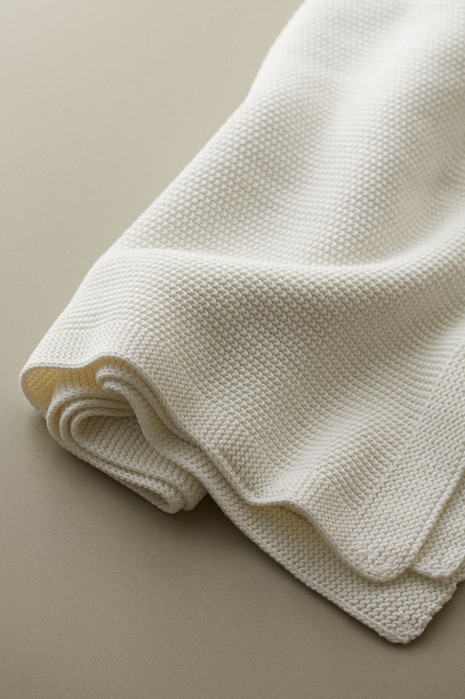 Moss-stitched cotton blanket - White/Light beige - 5