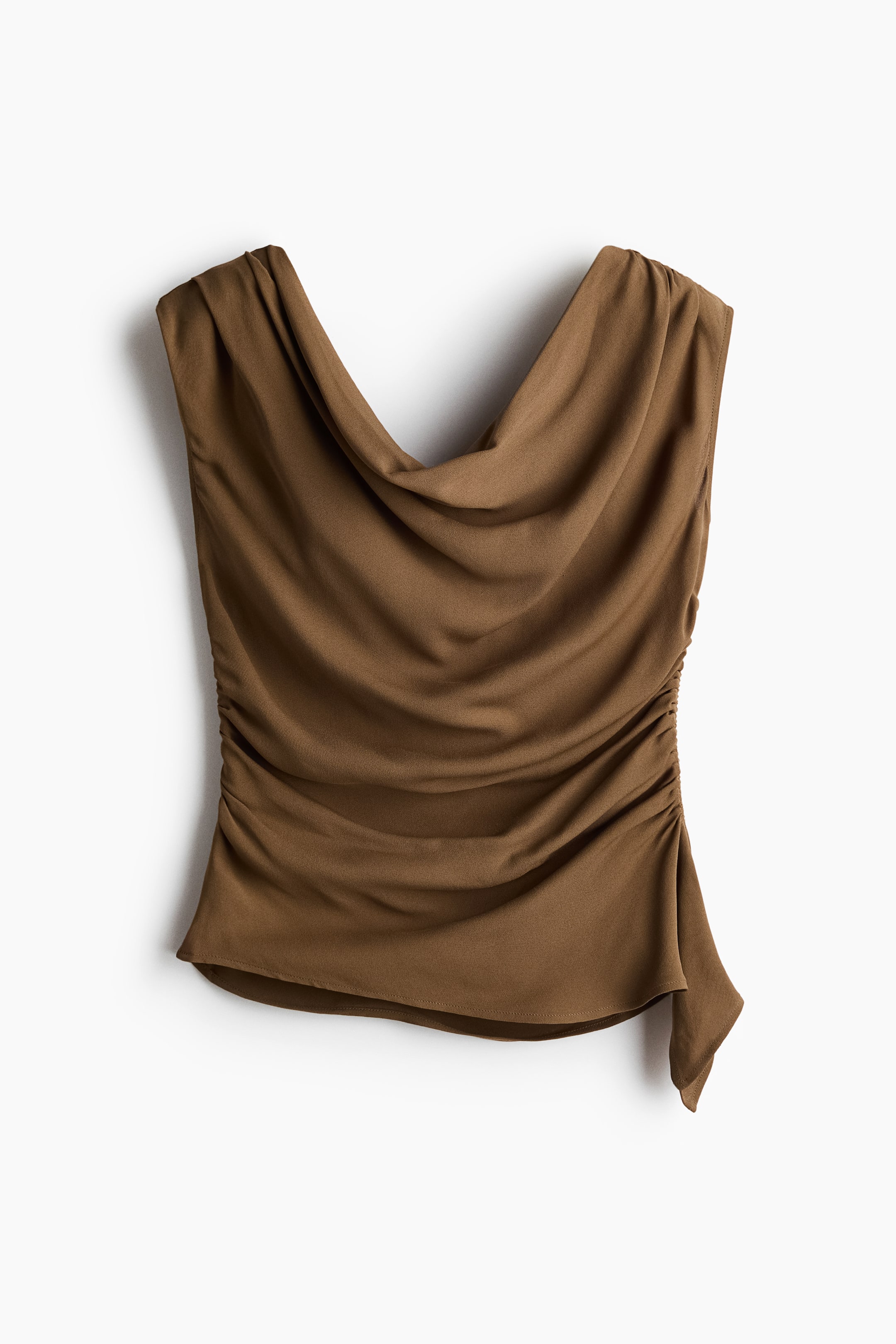 View larger image: An olive green sleeveless top featuring a draped cowl neck, gathered fabric at the shoulders, vertical ruching on the right side, and an asymmetric hem.
