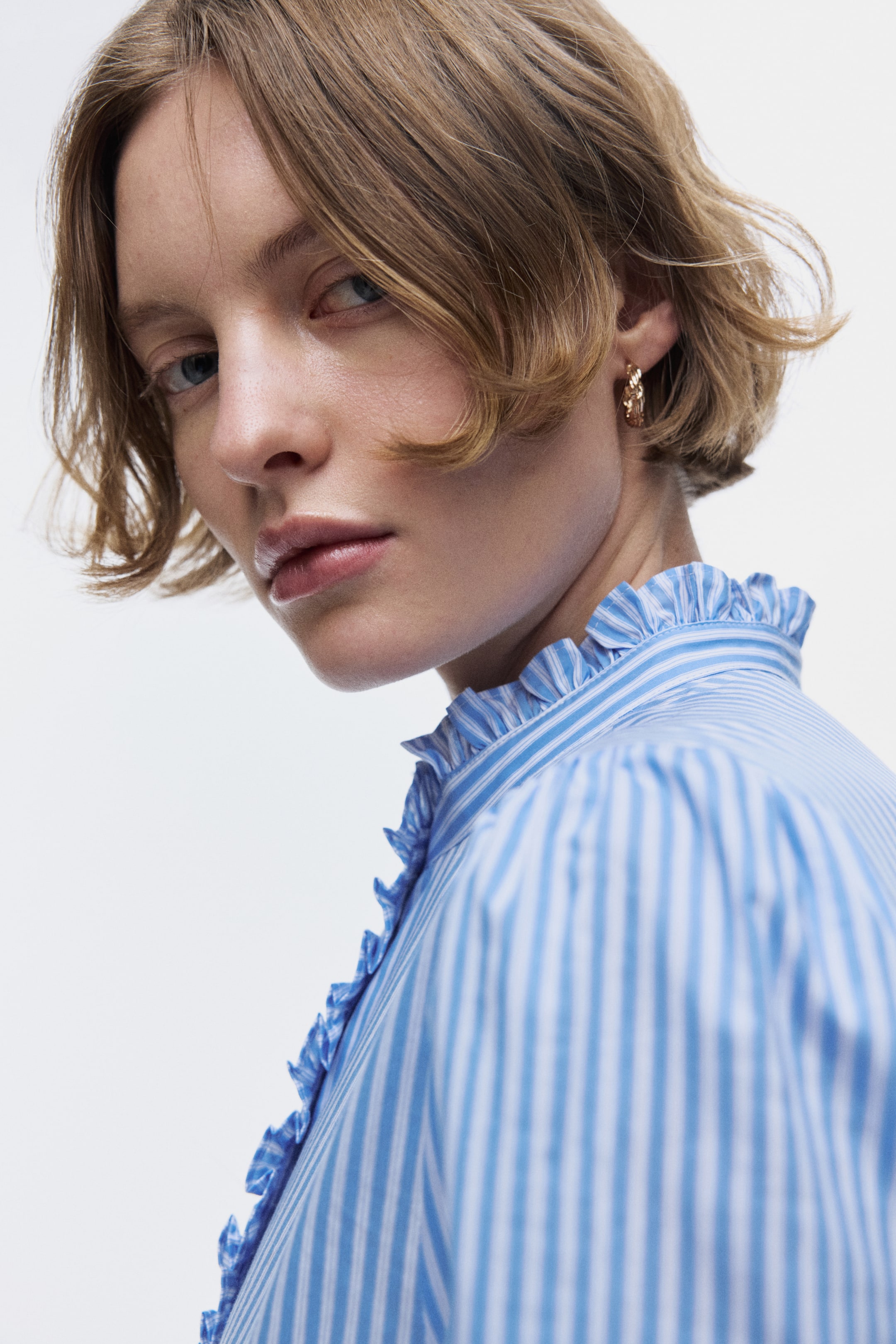 View larger image: Frill-trimmed poplin blouse - Blue/striped - Ladies | H&M CA 5