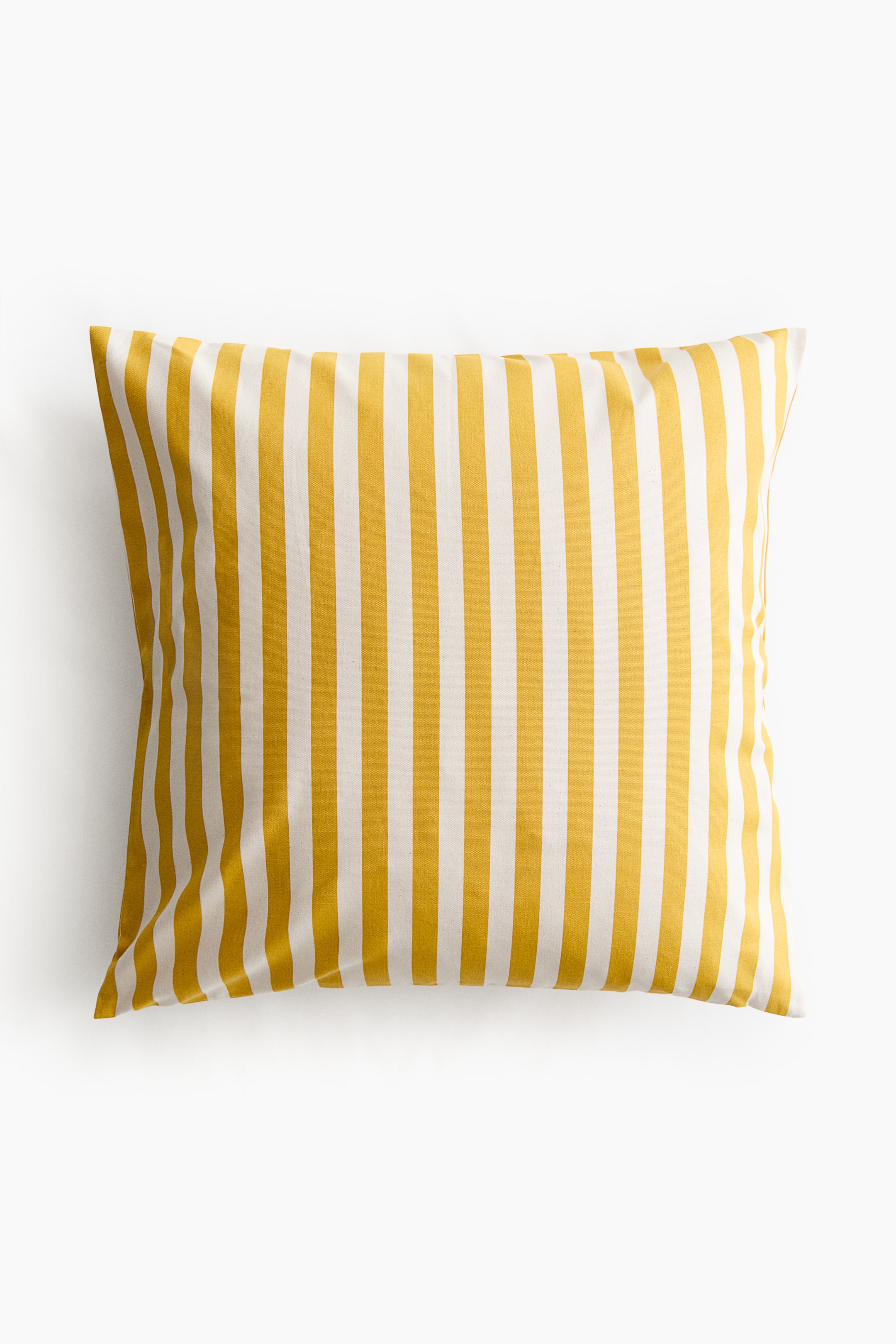 View larger image: A rectangular cushion cover showcases its FRONT, with alternating vertical stripes in yellow and off-white. The fabric appears to have a visible canvas texture.