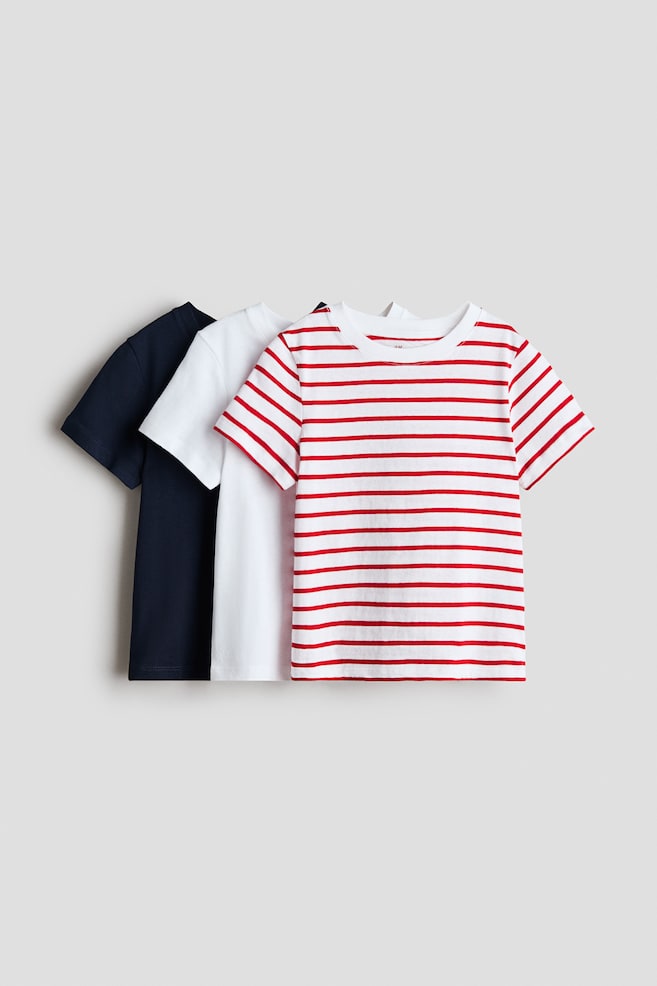 Pack de 3 camisetas de algodón - Rojo vivo/Rayas/Blanco/Gris jaspeado/Azul/Azul empolvado/Rayas/Azul/Rayas rojas/Azul marino/Blanco/Azul/Rayas - 1