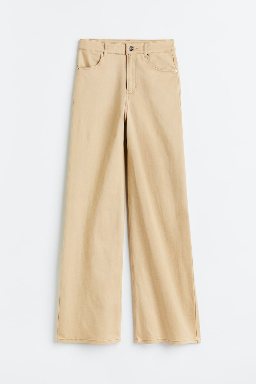 Wide-leg Twill Pants - High waist - Long - Beige - Ladies | H&M US