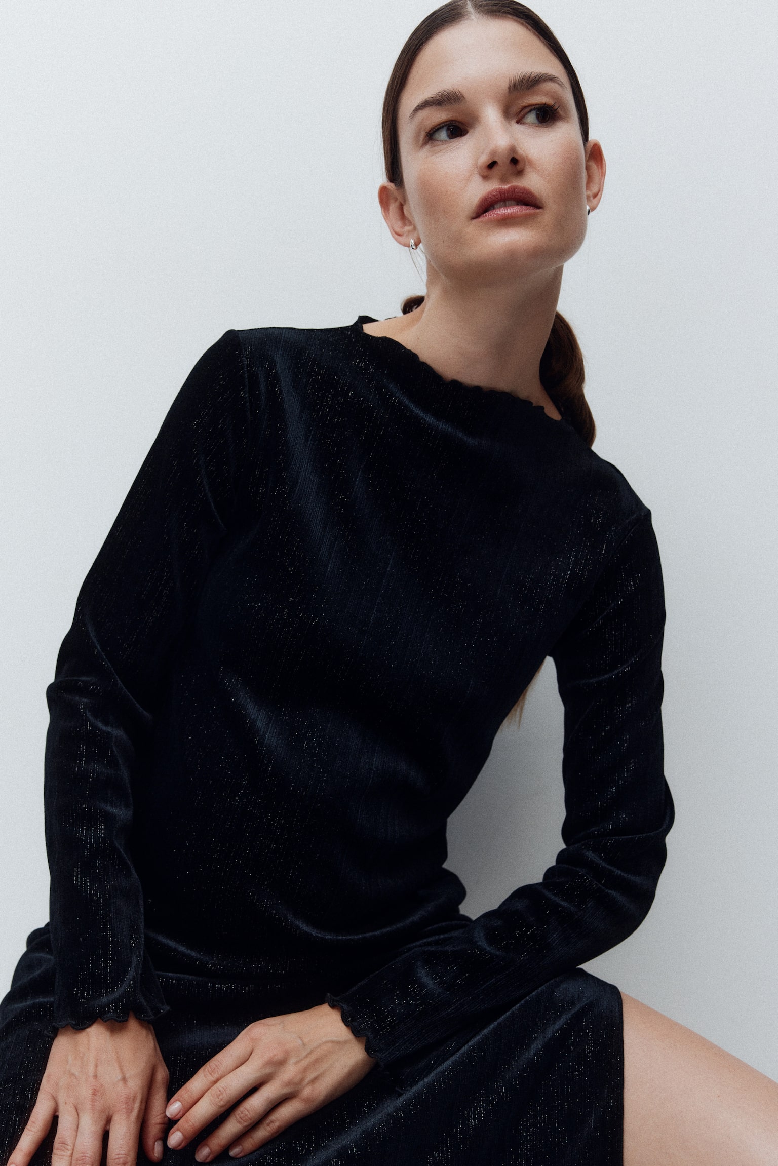 MAMA Glittery velour dress - Μαύρο/Σκούρο καφέ - 5