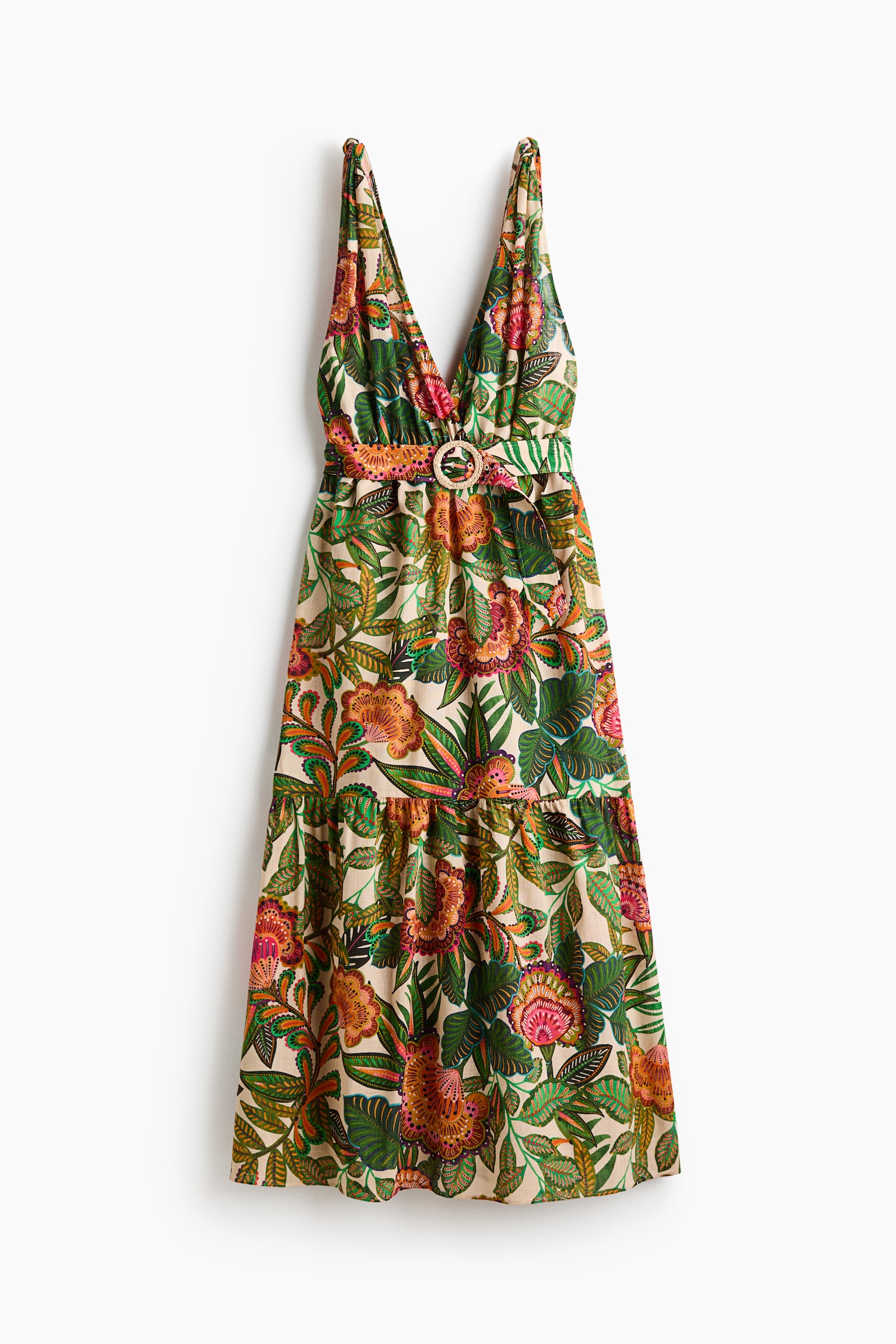 Vestido de algodón con cinturón - Verde oscuro/Floral - 1
