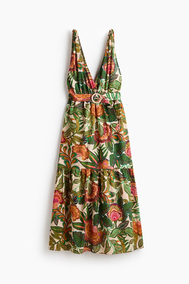 Kleid aus Baumwolle mit Gürtel - Dunkelgrün/Geblümt - 1