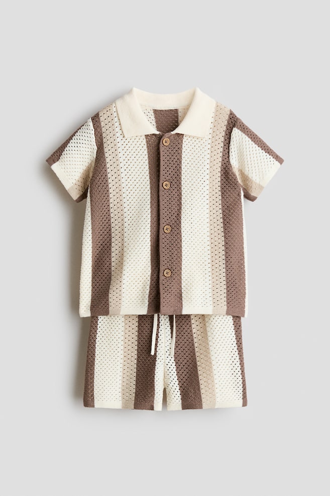 2-piece Mesh Knit Cotton Set - Cream/Beige/Light beige/Dinosaur/Light brown/Light beige/Stripe - 1