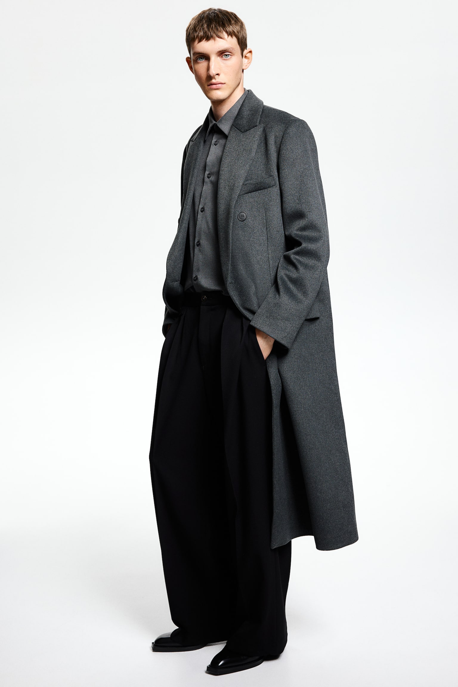 Double-breasted wool-blend coat - Dark grey - 1