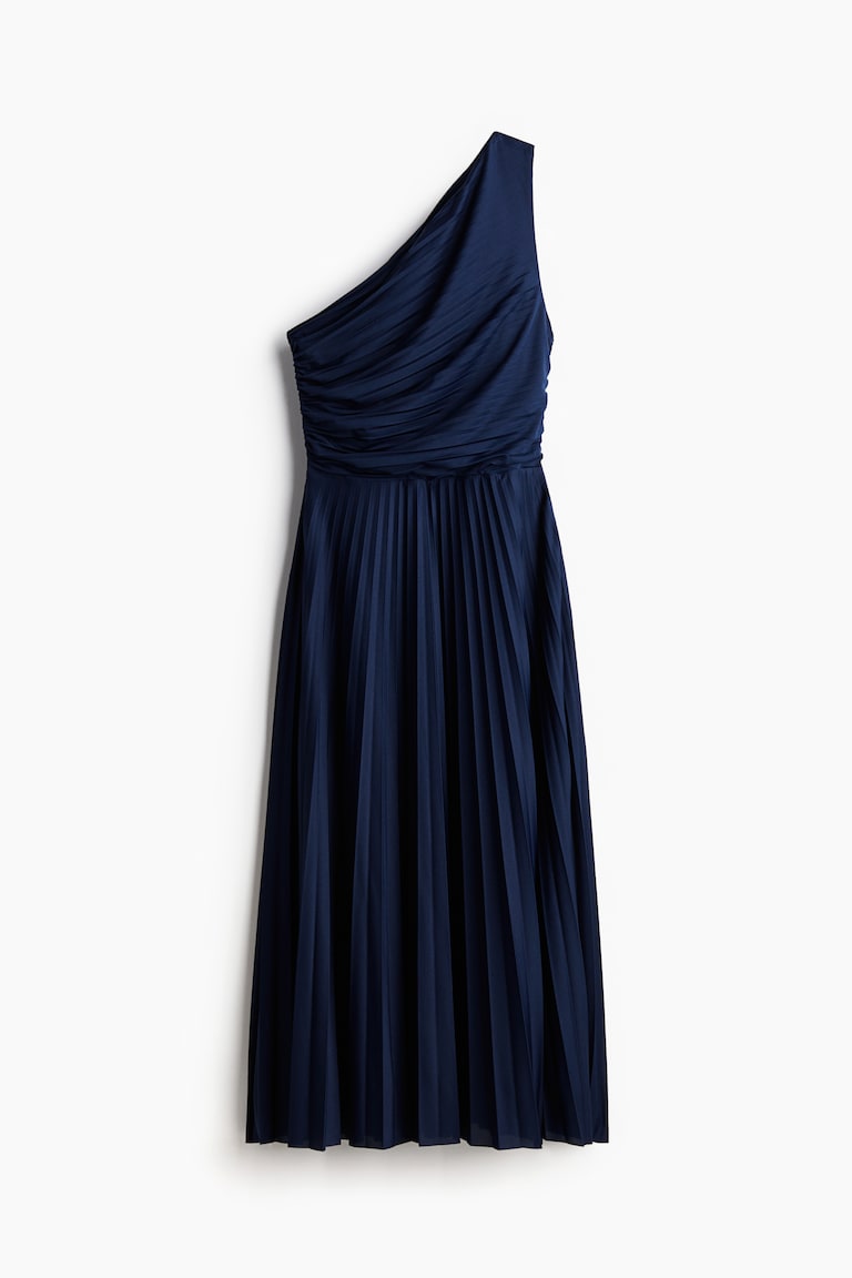 h&m navy pleated dress Women's Navy blue Pleated one-shoulder dress